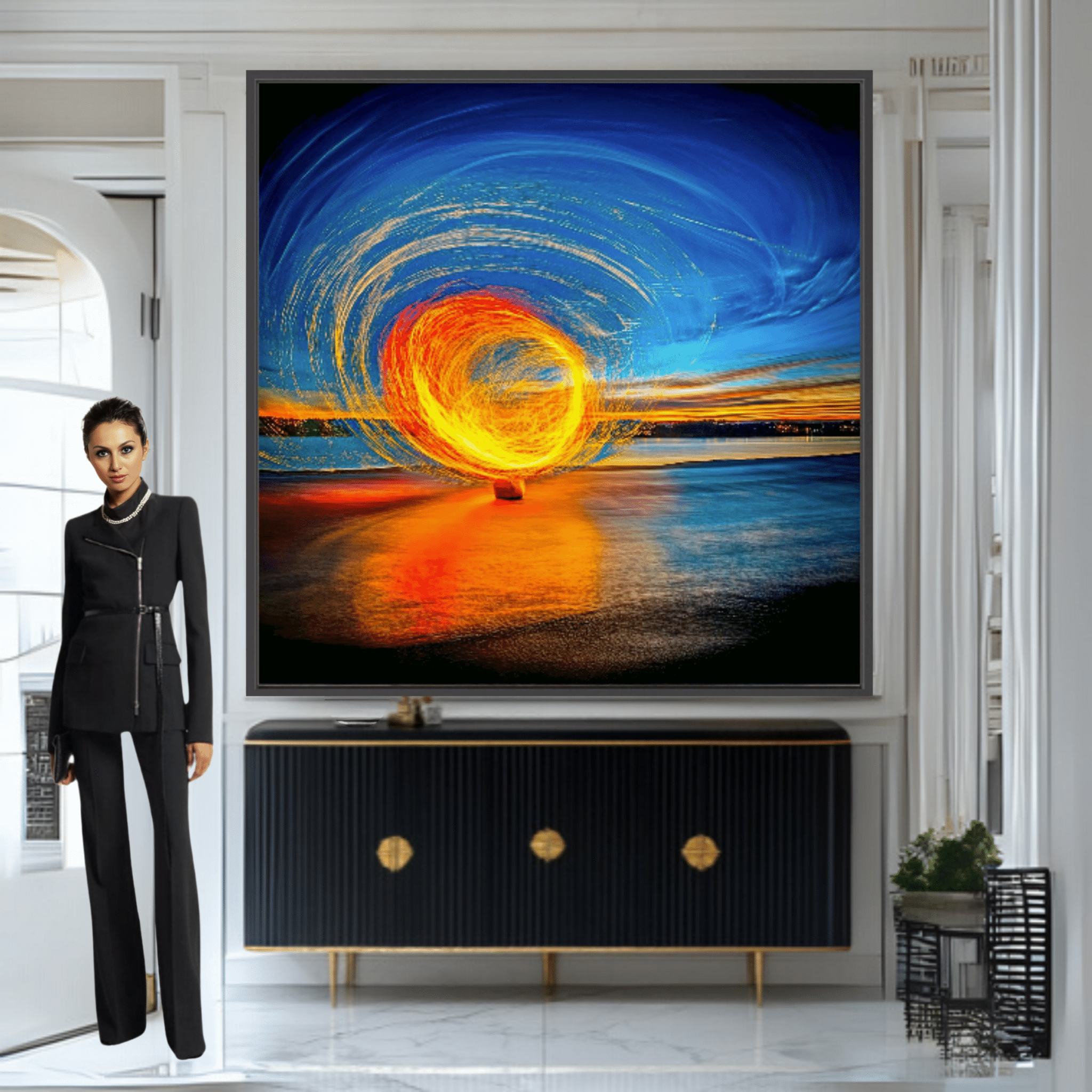 Canvas Print: Fire & Sky Swirl - Abstract Light Art modern abstract canvas wall art by Rossetti Art – luxury interior design artwork for living room, bedroom, office – Abstract Light Art Contemporary Art for Sale Golden Spiral Art