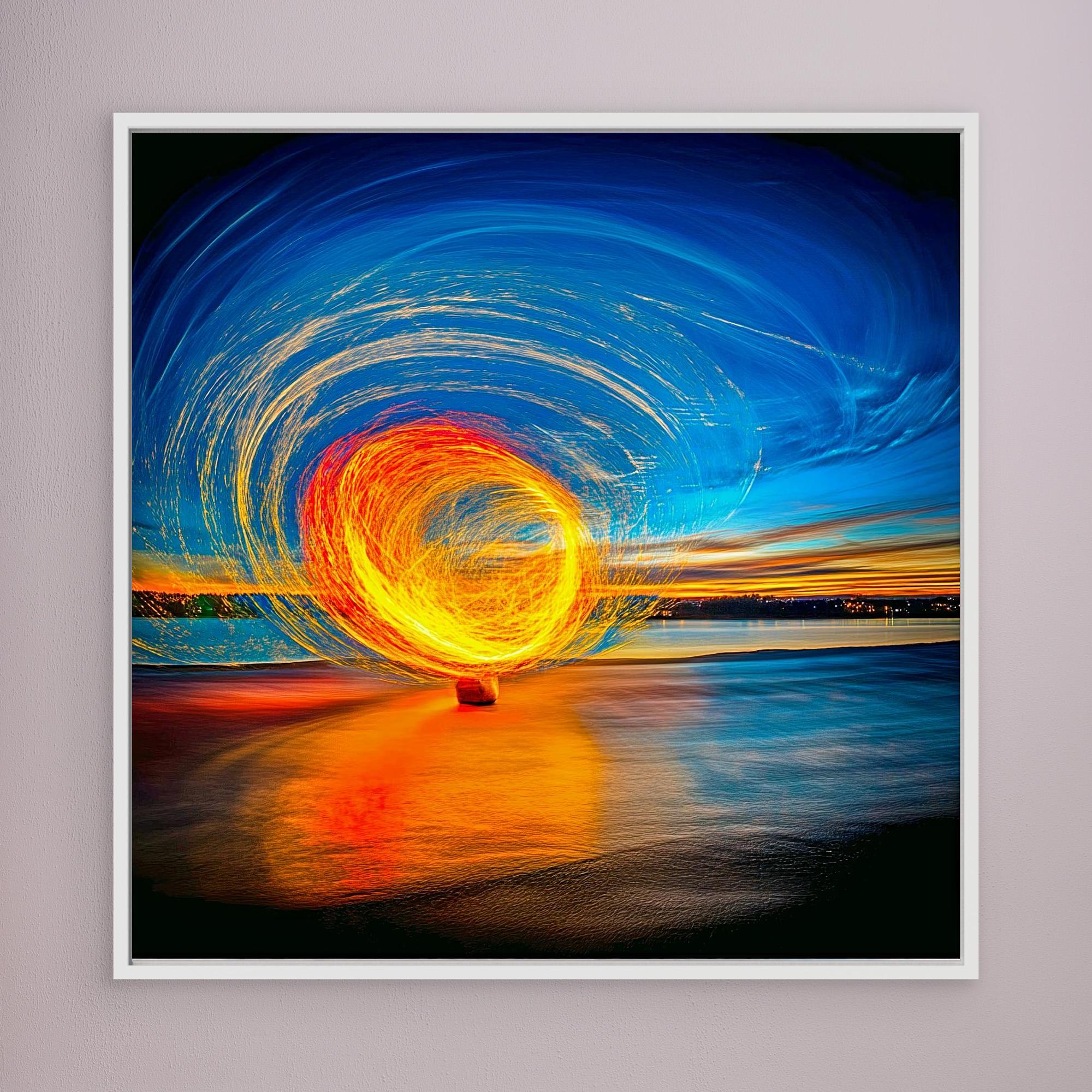 Canvas Print: Fire & Sky Swirl - Abstract Light Art modern abstract canvas wall art by Rossetti Art – luxury interior design artwork for living room, bedroom, office – Abstract Light Art Contemporary Art for Sale Golden Spiral Art