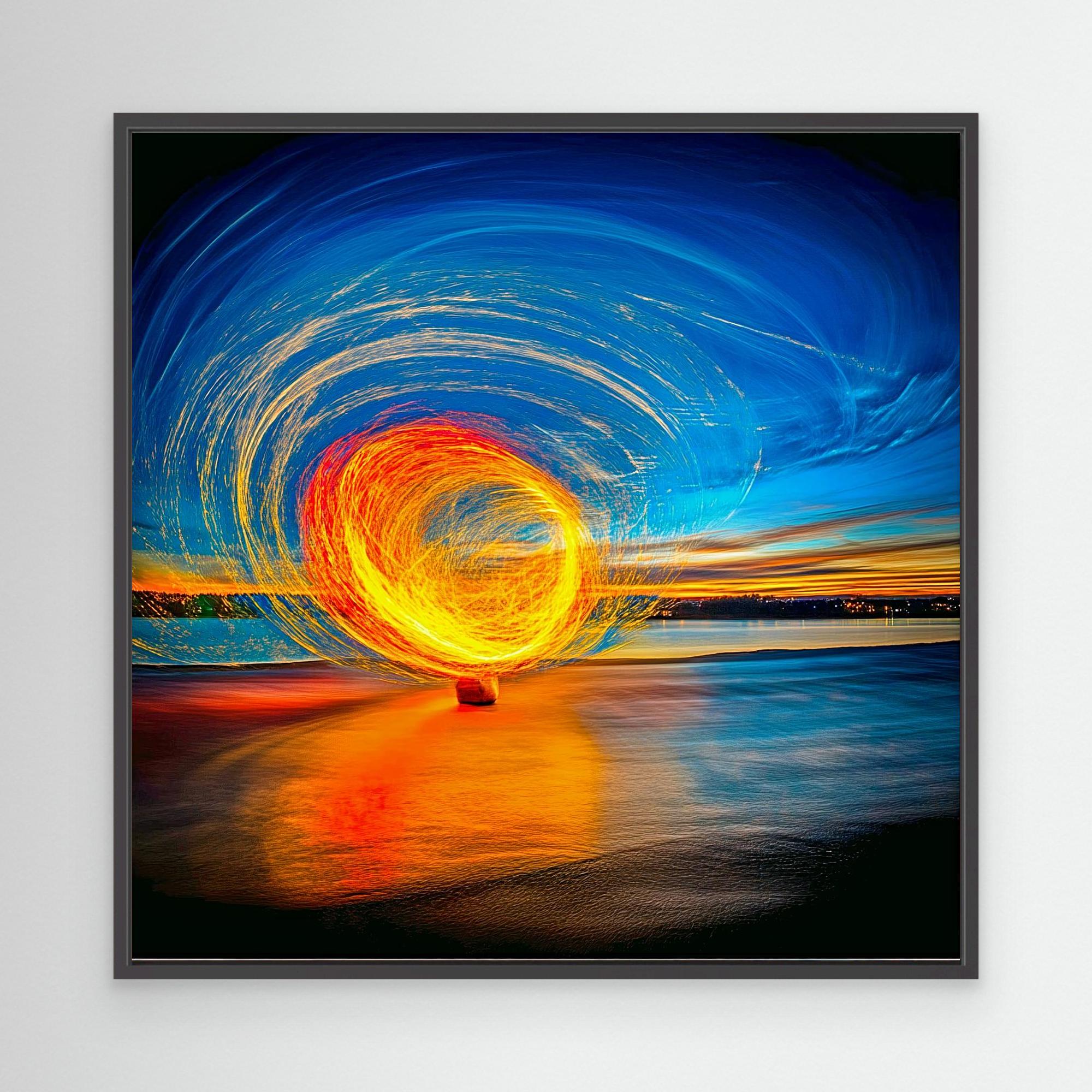 Canvas Print: Fire & Sky Swirl - Abstract Light Art modern abstract canvas wall art by Rossetti Art – luxury interior design artwork for living room, bedroom, office – Abstract Light Art Contemporary Art for Sale Golden Spiral Art