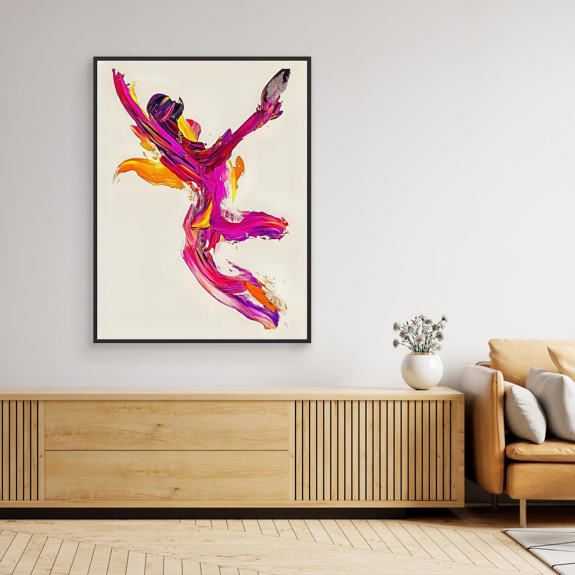 Canvas Print: "Flame Dancer" - Expressive Abstract Motion Wall Art modern abstract canvas wall art by Rossetti Art – luxury interior design artwork for living room, bedroom, office – Abstract dancer canvas print Energetic abstract figure artwork Expressive modern art with bold brushstrokes