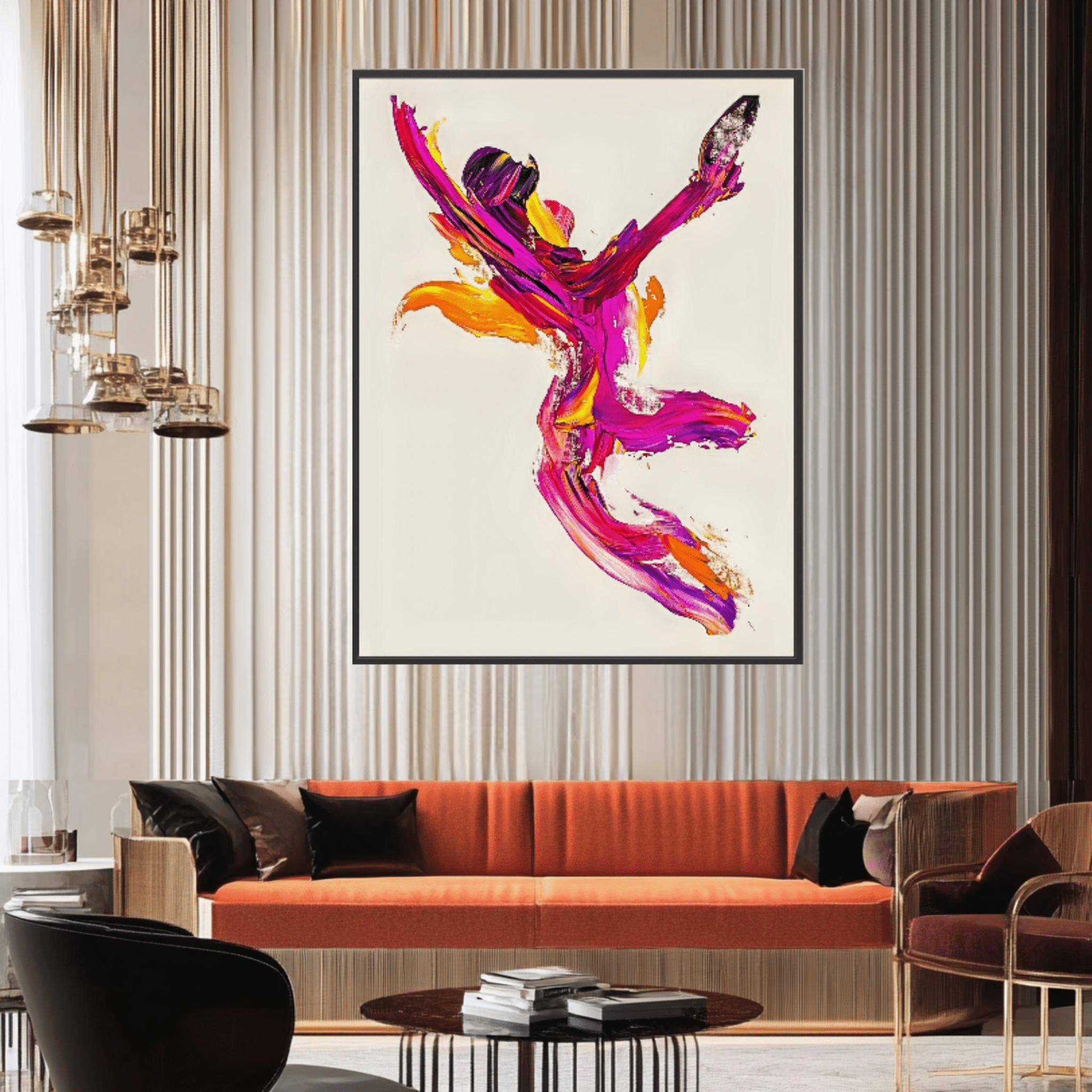 Canvas Print: "Flame Dancer" - Expressive Abstract Motion Wall Art modern abstract canvas wall art by Rossetti Art – luxury interior design artwork for living room, bedroom, office – Abstract dancer canvas print Energetic abstract figure artwork Expressive modern art with bold brushstrokes
