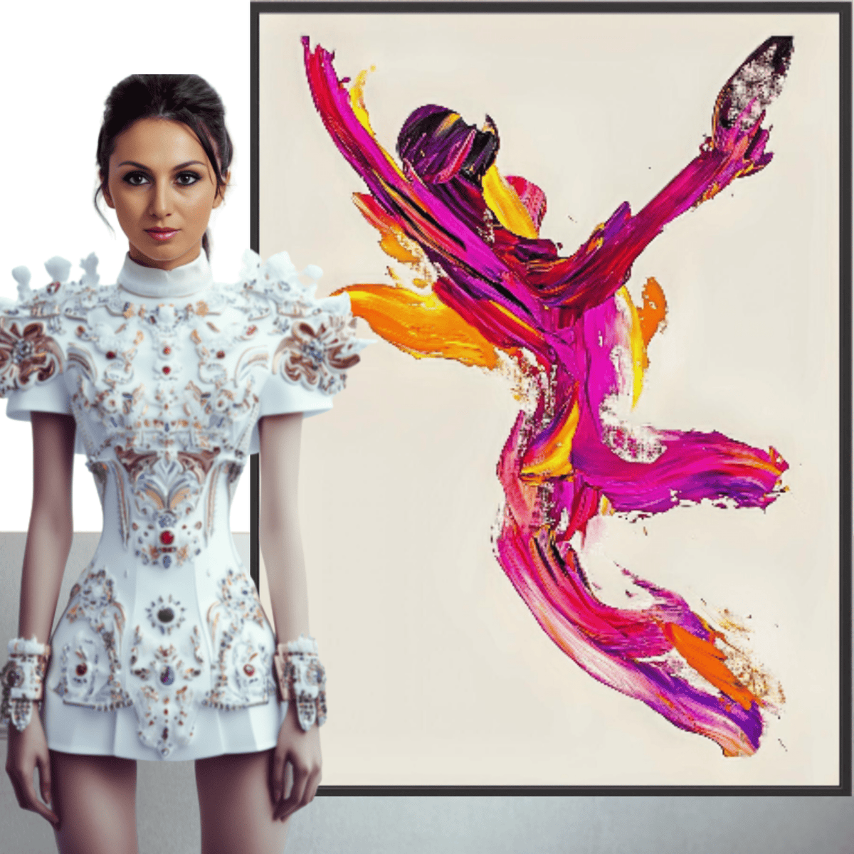 Canvas Print: "Flame Dancer" - Expressive Abstract Motion Wall Art modern abstract canvas wall art by Rossetti Art – luxury interior design artwork for living room, bedroom, office – Abstract dancer canvas print Energetic abstract figure artwork Expressive modern art with bold brushstrokes