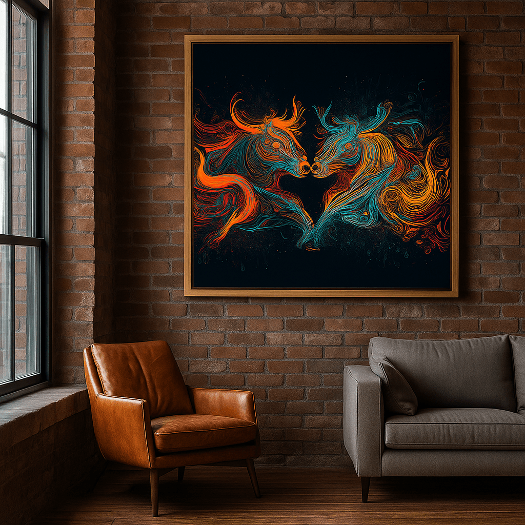 Canvas Print : Flame vs Frost – Two Horses in Eternal Battle | Canvas Art Print modern abstract canvas wall art by Rossetti Art – luxury interior design artwork for living room, bedroom, office – Abstract art print abstract horse wall art abstract woman canvas