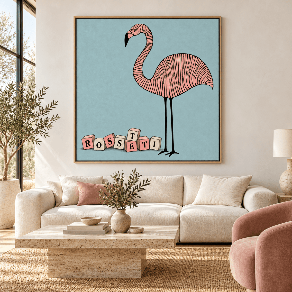 Flamingo Wall Art – Pink Parade by Rossetti Art above a cream sofa in a living room