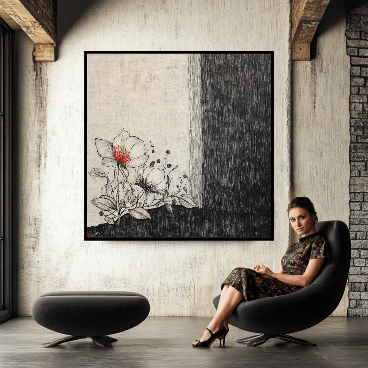 Canvas Print : Floral Serenity - Floral Line Art Wall Art modern abstract canvas wall art by Rossetti Art – luxury interior design artwork for living room, bedroom, office – floral line art design floral line art tattoo floral line art wallpaper