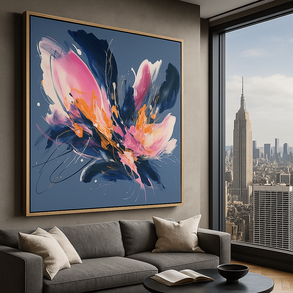 Canvas Print: Floral Symphony – Abstract Canvas Print in Pink, Orange & Midnight Blue | Modern Luxury Wall Art by Chiara Rossetti modern abstract canvas wall art by Rossetti Art – luxury interior design artwork for living room, bedroom, office – abstract wall art canvas print art Chiara Rossetti