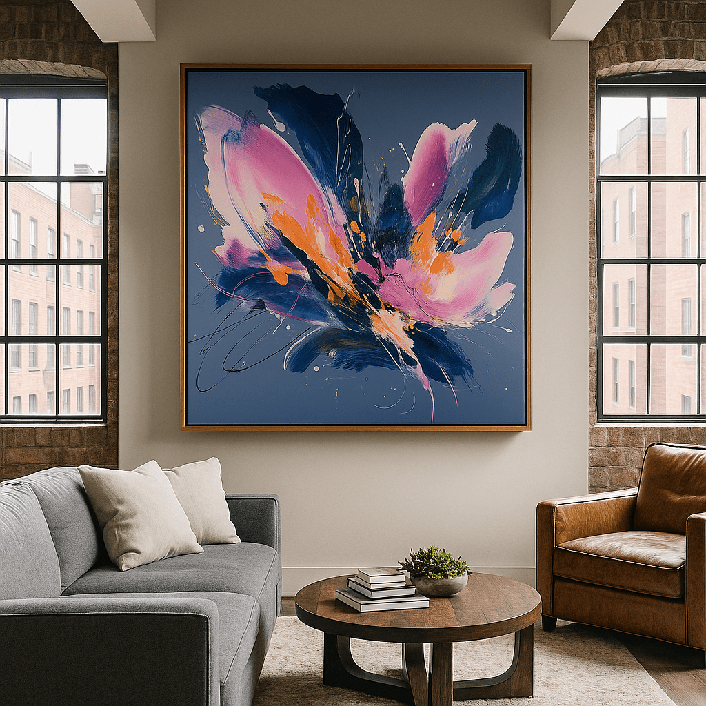 Canvas Print: Floral Symphony – Abstract Canvas Print in Pink, Orange & Midnight Blue | Modern Luxury Wall Art by Chiara Rossetti modern abstract canvas wall art by Rossetti Art – luxury interior design artwork for living room, bedroom, office – abstract wall art canvas print art Chiara Rossetti