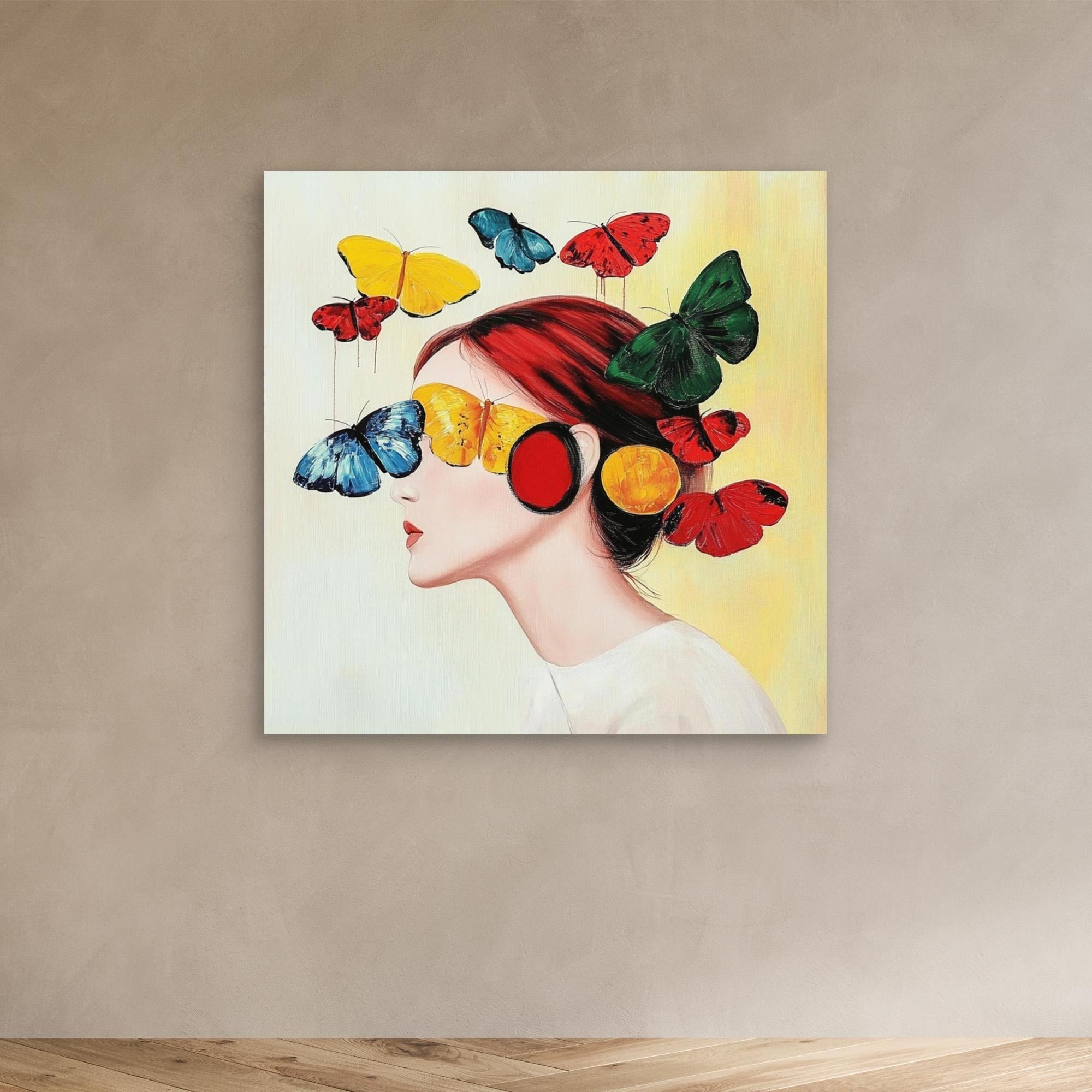 Canvas Print : Flutter of Dreams - Butterfly Portrait Art Print modern abstract canvas wall art by Rossetti Art – luxury interior design artwork for living room, bedroom, office – Butterfly portrait art Butterfly wall art Colorful woman portrait