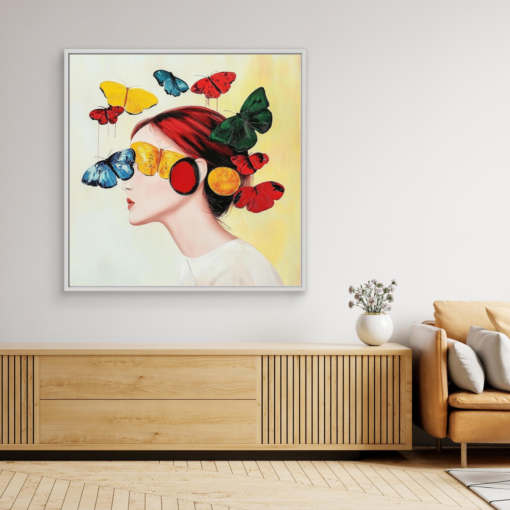 Canvas Print : Flutter of Dreams - Butterfly Portrait Art Print modern abstract canvas wall art by Rossetti Art – luxury interior design artwork for living room, bedroom, office – Butterfly portrait art Butterfly wall art Colorful woman portrait