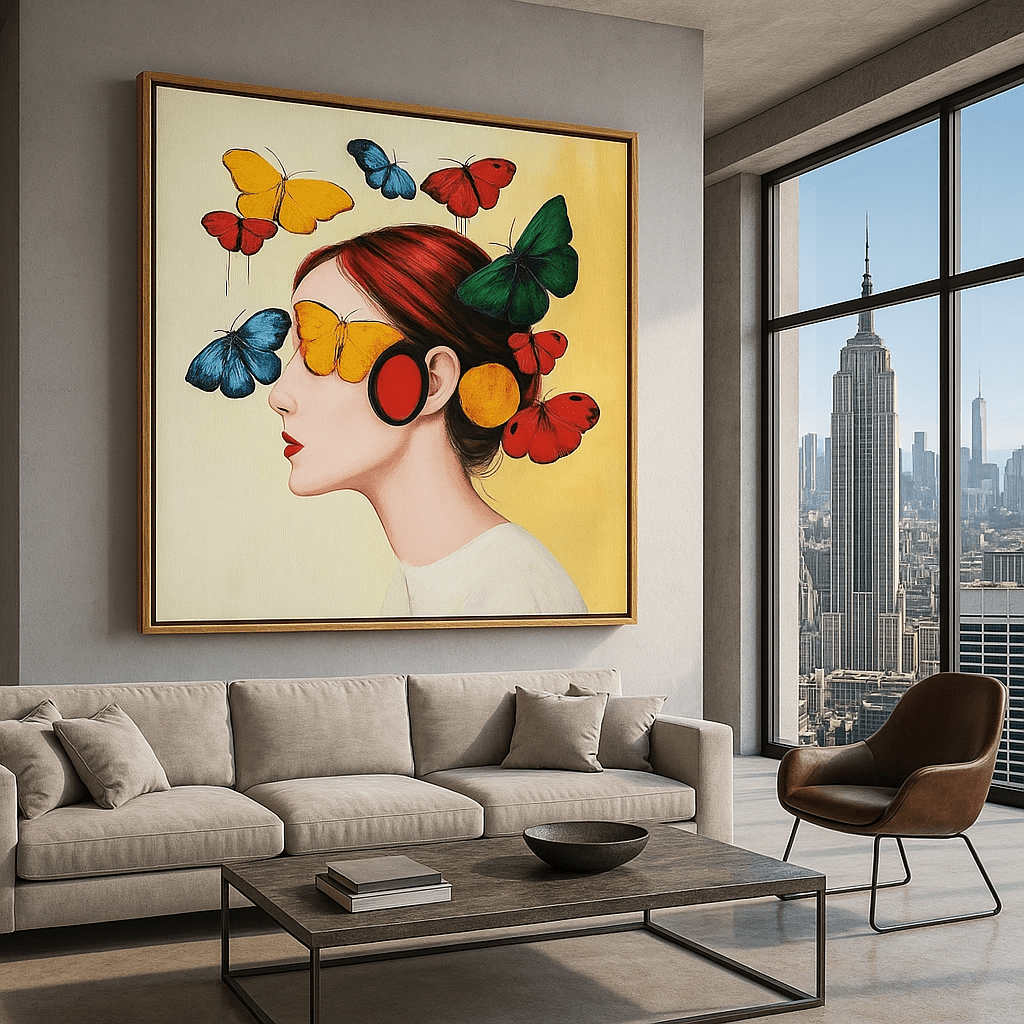 Canvas Print : Flutter of Dreams - Butterfly Portrait Art Print modern abstract canvas wall art by Rossetti Art – luxury interior design artwork for living room, bedroom, office – Butterfly portrait art Butterfly wall art Colorful woman portrait