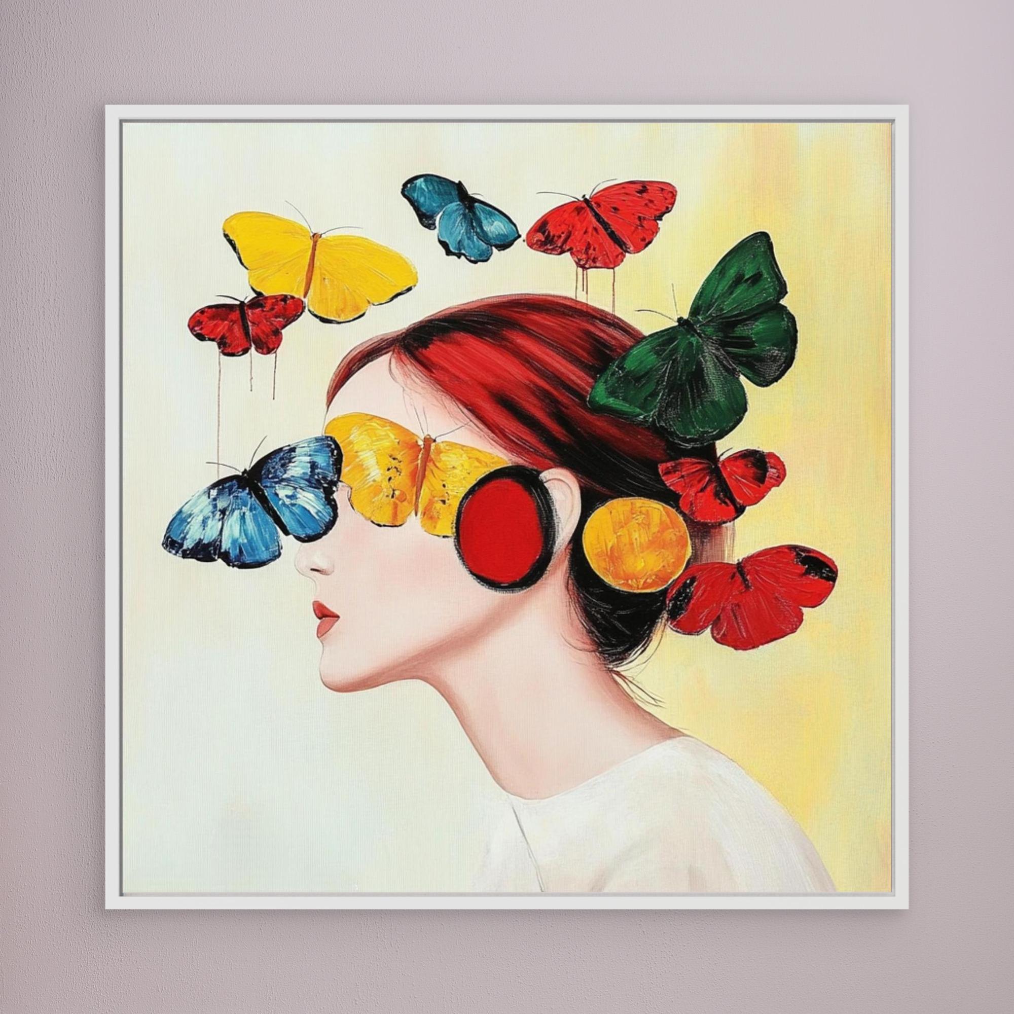Canvas Print : Flutter of Dreams - Butterfly Portrait Art Print modern abstract canvas wall art by Rossetti Art – luxury interior design artwork for living room, bedroom, office – Butterfly portrait art Butterfly wall art Colorful woman portrait