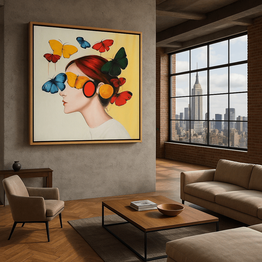 Canvas Print : Flutter of Dreams - Butterfly Portrait Art Print modern abstract canvas wall art by Rossetti Art – luxury interior design artwork for living room, bedroom, office – Butterfly portrait art Butterfly wall art Colorful woman portrait