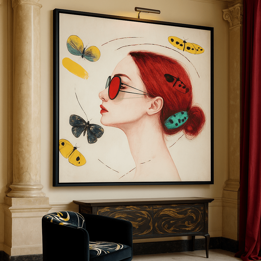 Canvas Print : Fluttered Vision - Modern Red and Yellow Wall Decor modern abstract canvas wall art by Rossetti Art – luxury interior design artwork for living room, bedroom, office – Butterfly portrait art Butterfly wall art Colorful woman portrait