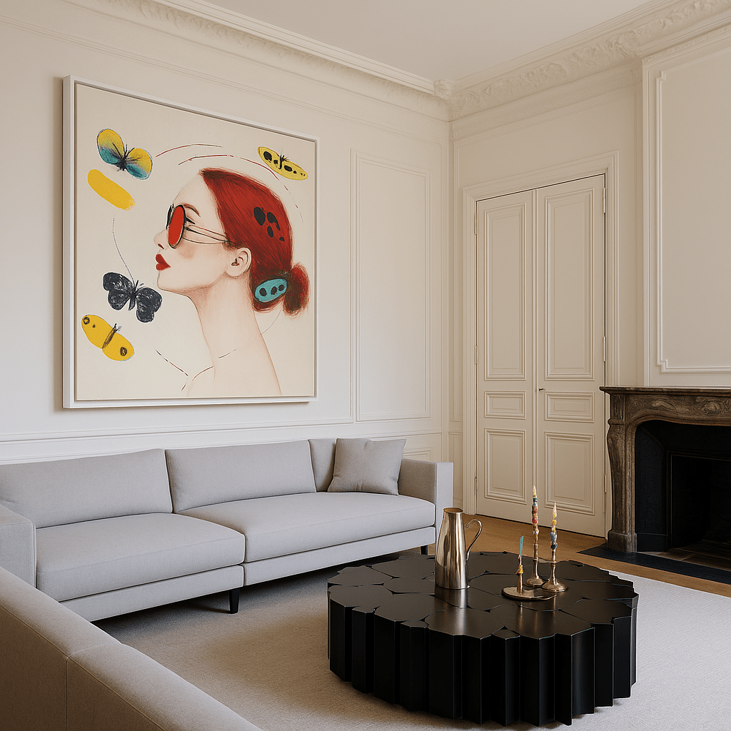 Canvas Print : Fluttered Vision - Modern Red and Yellow Wall Decor modern abstract canvas wall art by Rossetti Art – luxury interior design artwork for living room, bedroom, office – Butterfly portrait art Butterfly wall art Colorful woman portrait