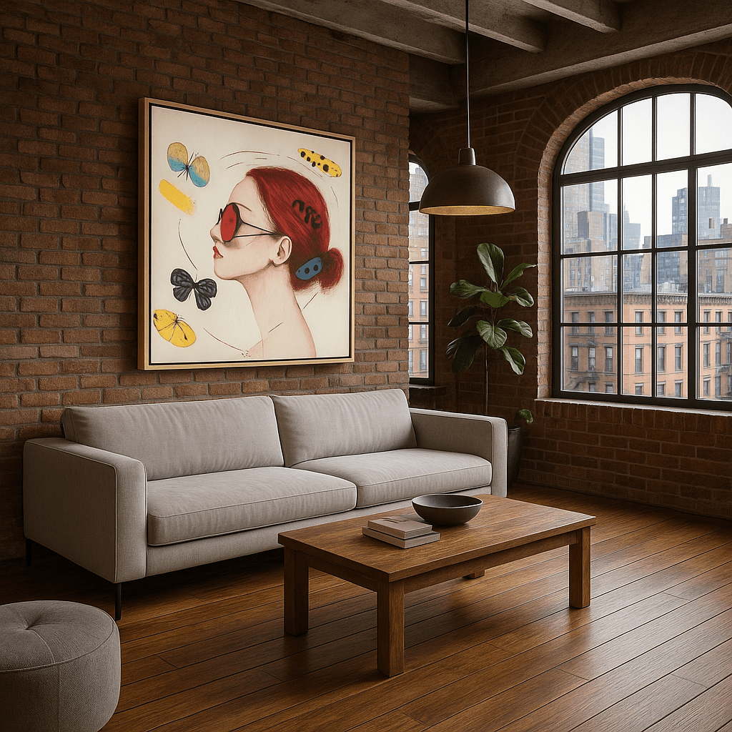 Canvas Print : Fluttered Vision - Modern Red and Yellow Wall Decor modern abstract canvas wall art by Rossetti Art – luxury interior design artwork for living room, bedroom, office – Butterfly portrait art Butterfly wall art Colorful woman portrait