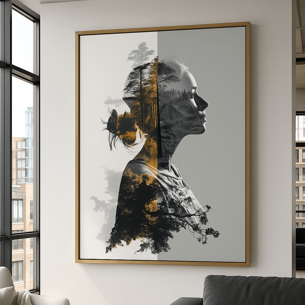 Canvas Print : Forest Within Her – Modern Double Exposure Canvas Wall Art modern abstract canvas wall art by Rossetti Art – luxury interior design artwork for living room, bedroom, office – canvas print for living room canvas print for office colorful modern wall decor