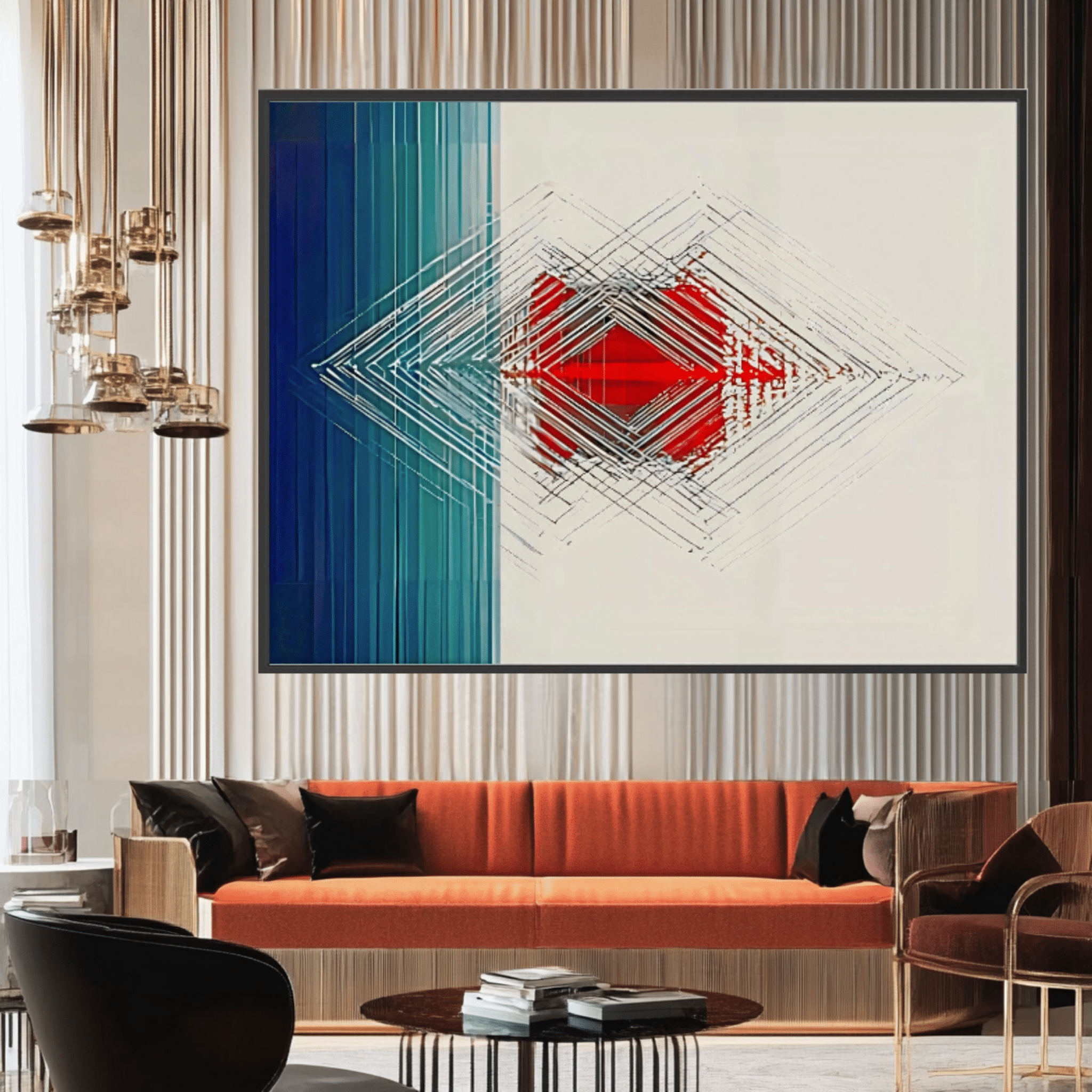 Canvas Print: "Fractal Echo" - Futuristic Geometric Abstract Wall Art modern abstract canvas wall art by Rossetti Art – luxury interior design artwork for living room, bedroom, office – Contemporary Line Art Futuristic Geometric Canvas High - Tech Wall Decor