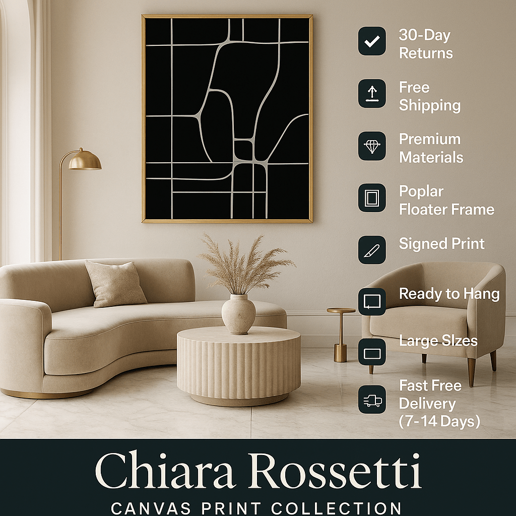 Canvas Print : Fractured Balance – Minimalist Geometric Black & White Canvas Art modern abstract canvas wall art by Rossetti Art – luxury interior design artwork for living room, bedroom, office – black and beige abstract wall art Black And White Art Black and white artwork