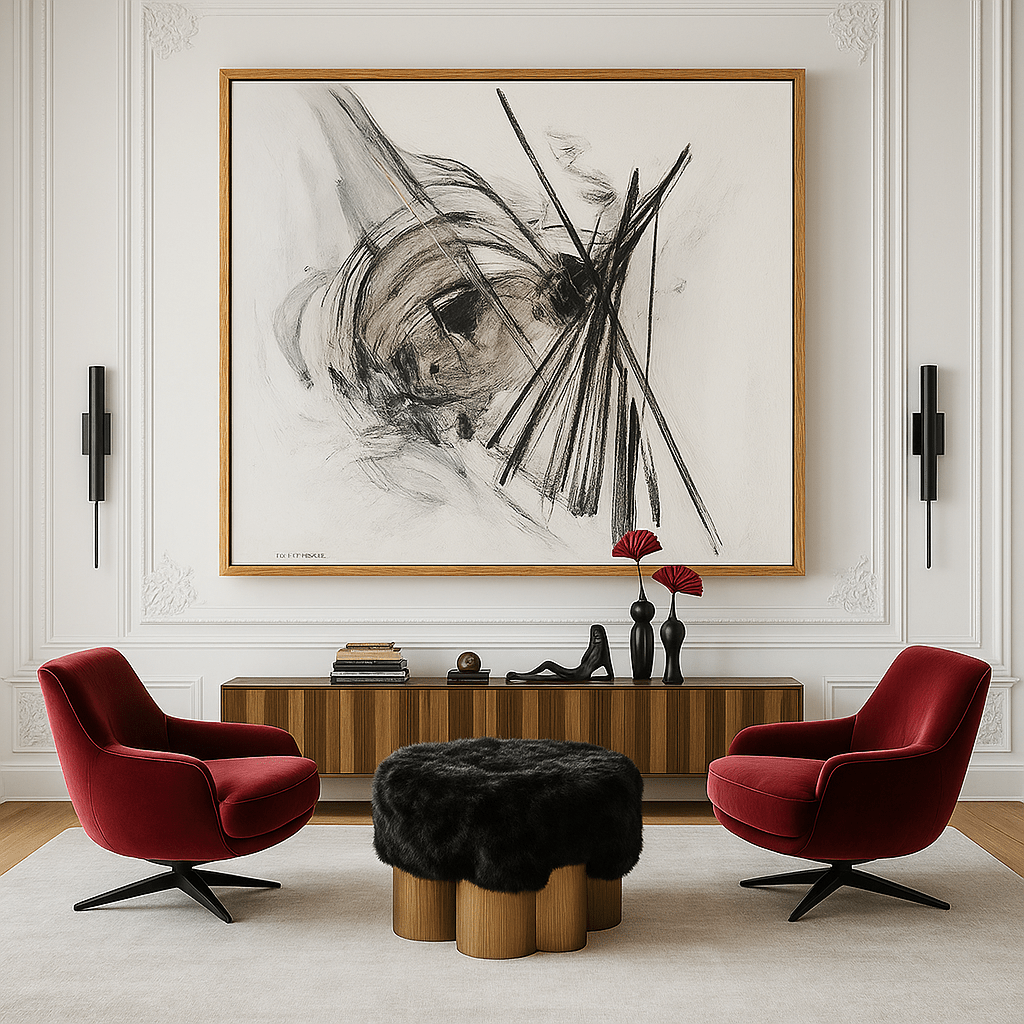 Canvas Print: Fractured Rhythm – Abstract Charcoal Motion Art modern abstract canvas wall art by Rossetti Art – luxury interior design artwork for living room, bedroom, office – Contemporary Art for Sale contemporary art piece Contemporary art print