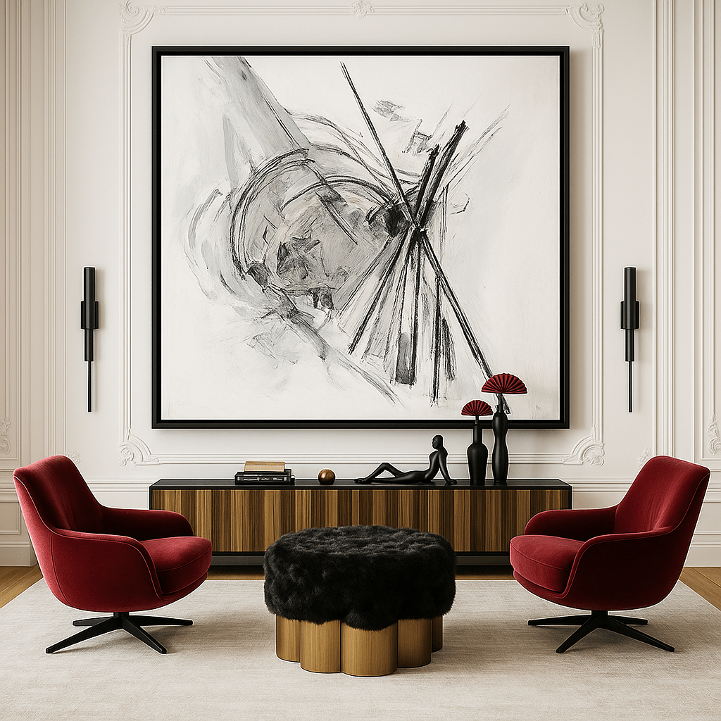 Canvas Print: Fractured Rhythm – Abstract Charcoal Motion Art modern abstract canvas wall art by Rossetti Art – luxury interior design artwork for living room, bedroom, office – Contemporary Art for Sale contemporary art piece Contemporary art print