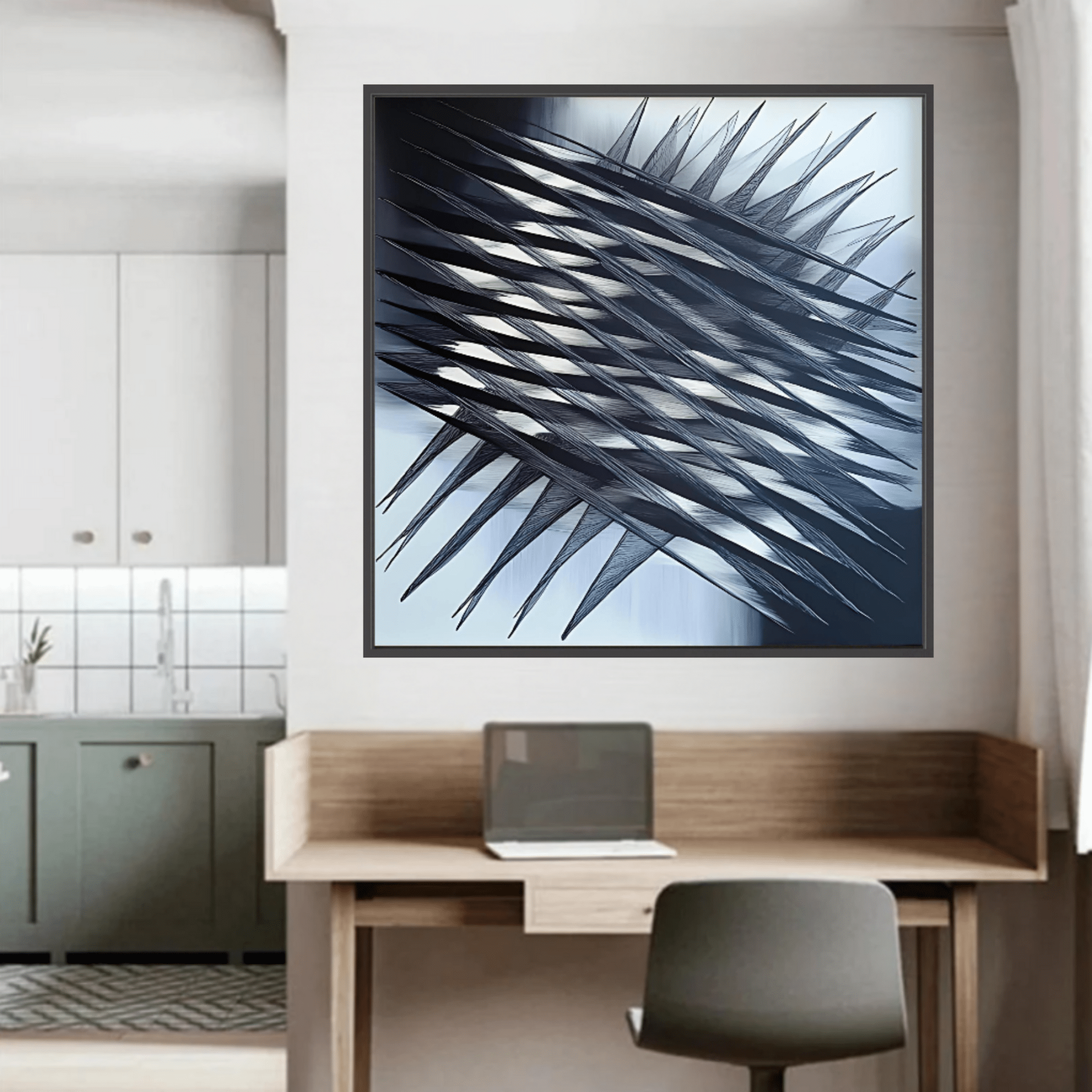 Canvas Print: "Fractured Symmetry" - Abstract Line Art Black and White modern abstract canvas wall art by Rossetti Art – luxury interior design artwork for living room, bedroom, office – Black And White Art Black and white artwork black and white canvas