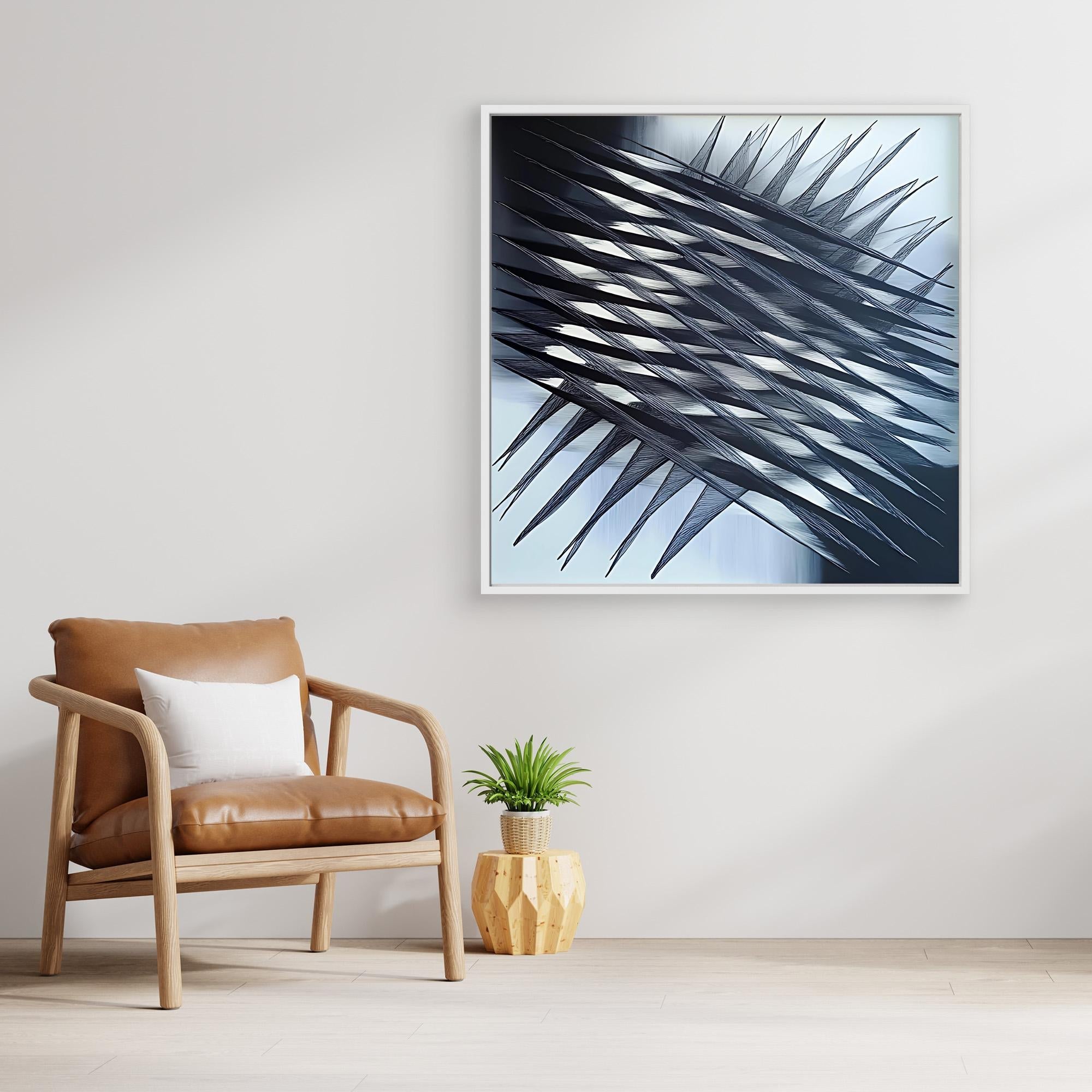 Canvas Print: "Fractured Symmetry" - Abstract Line Art Black and White modern abstract canvas wall art by Rossetti Art – luxury interior design artwork for living room, bedroom, office – Black And White Art Black and white artwork black and white canvas