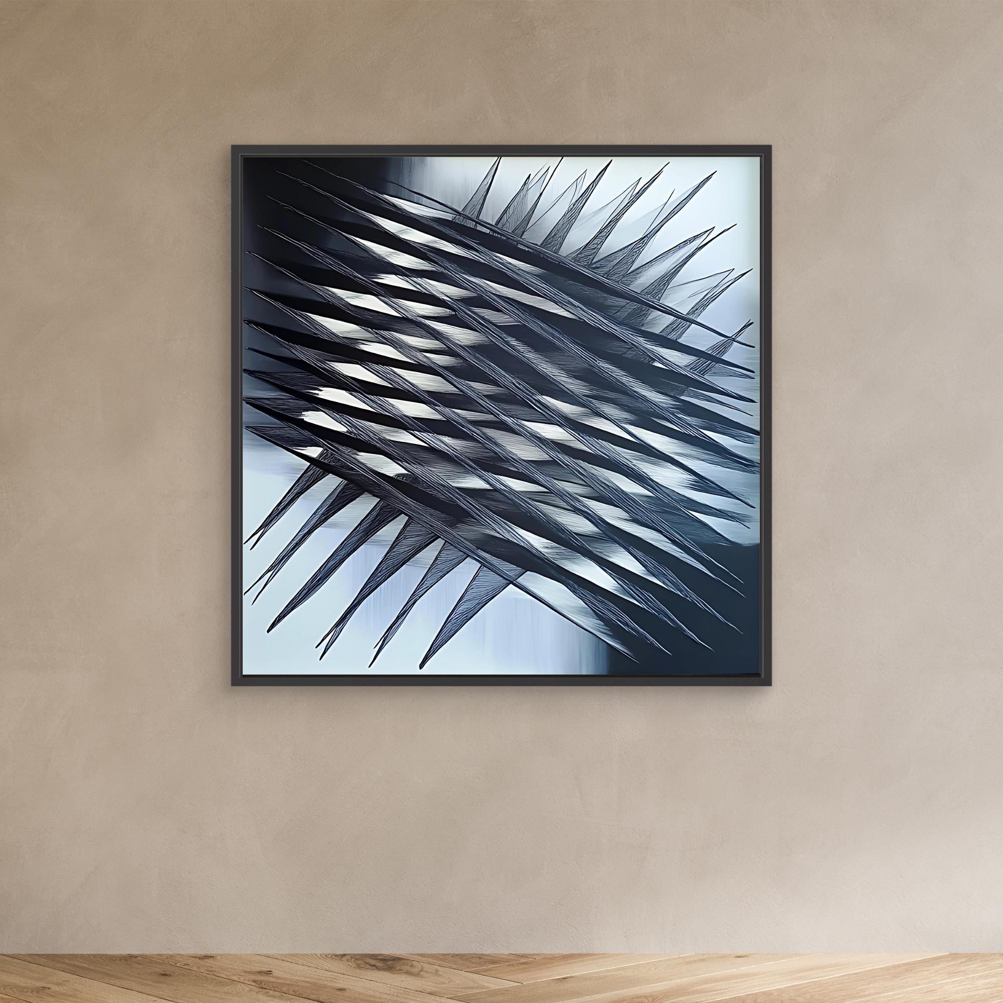 Canvas Print: "Fractured Symmetry" - Abstract Line Art Black and White modern abstract canvas wall art by Rossetti Art – luxury interior design artwork for living room, bedroom, office – Black And White Art Black and white artwork black and white canvas