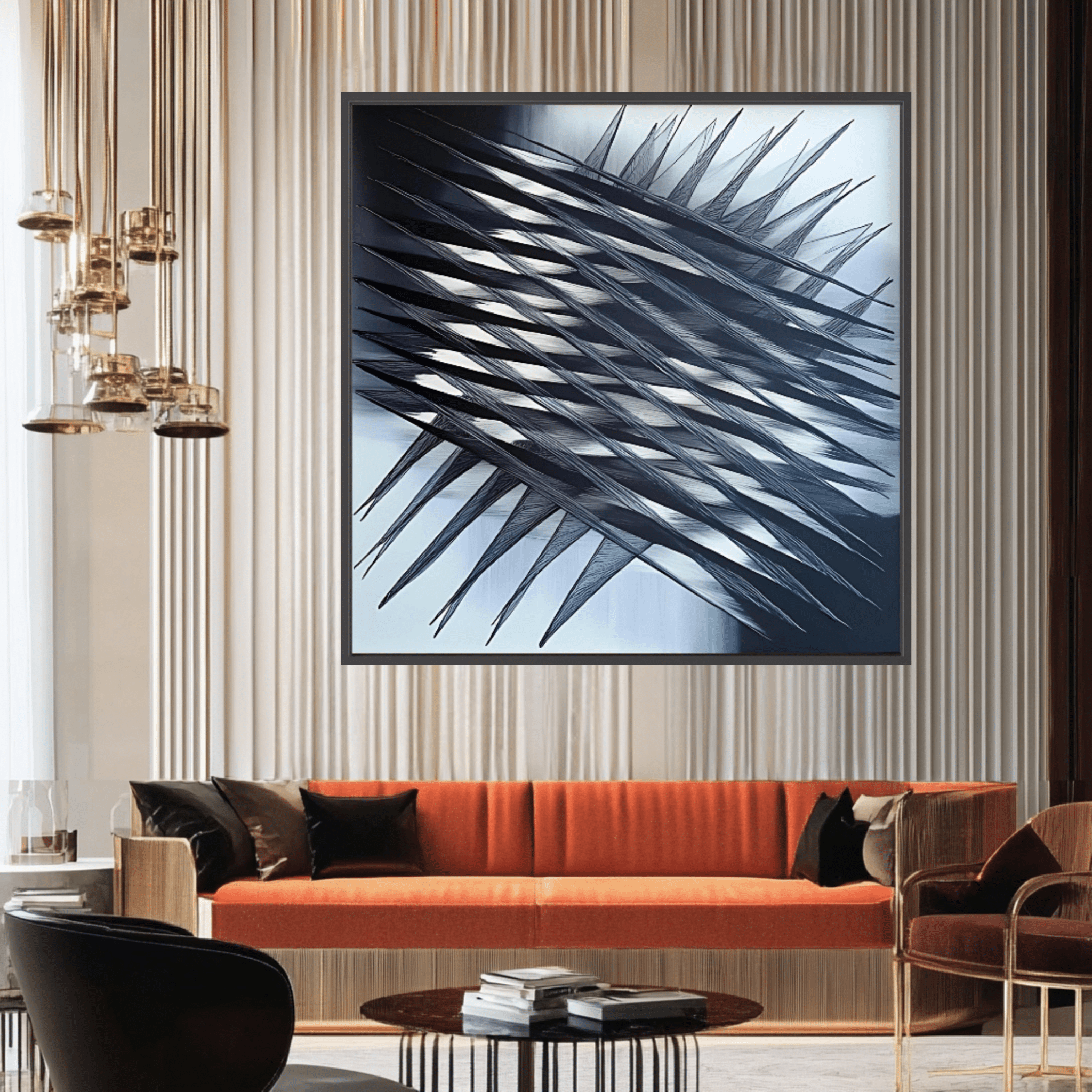 Canvas Print: "Fractured Symmetry" - Abstract Line Art Black and White modern abstract canvas wall art by Rossetti Art – luxury interior design artwork for living room, bedroom, office – Black And White Art Black and white artwork black and white canvas