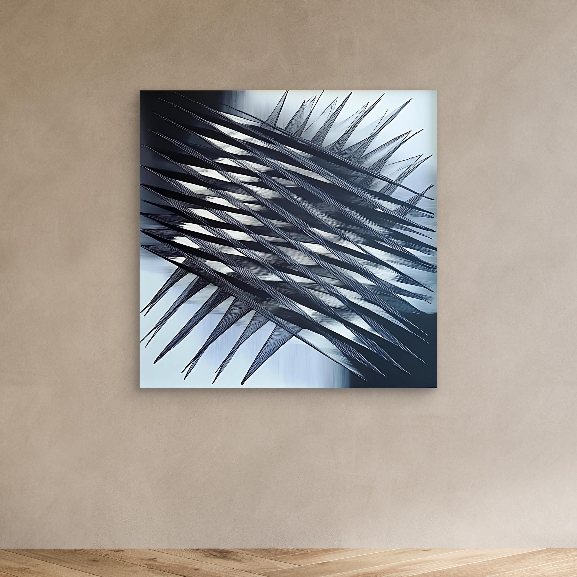 Canvas Print: "Fractured Symmetry" - Abstract Line Art Black and White modern abstract canvas wall art by Rossetti Art – luxury interior design artwork for living room, bedroom, office – Black And White Art Black and white artwork black and white canvas