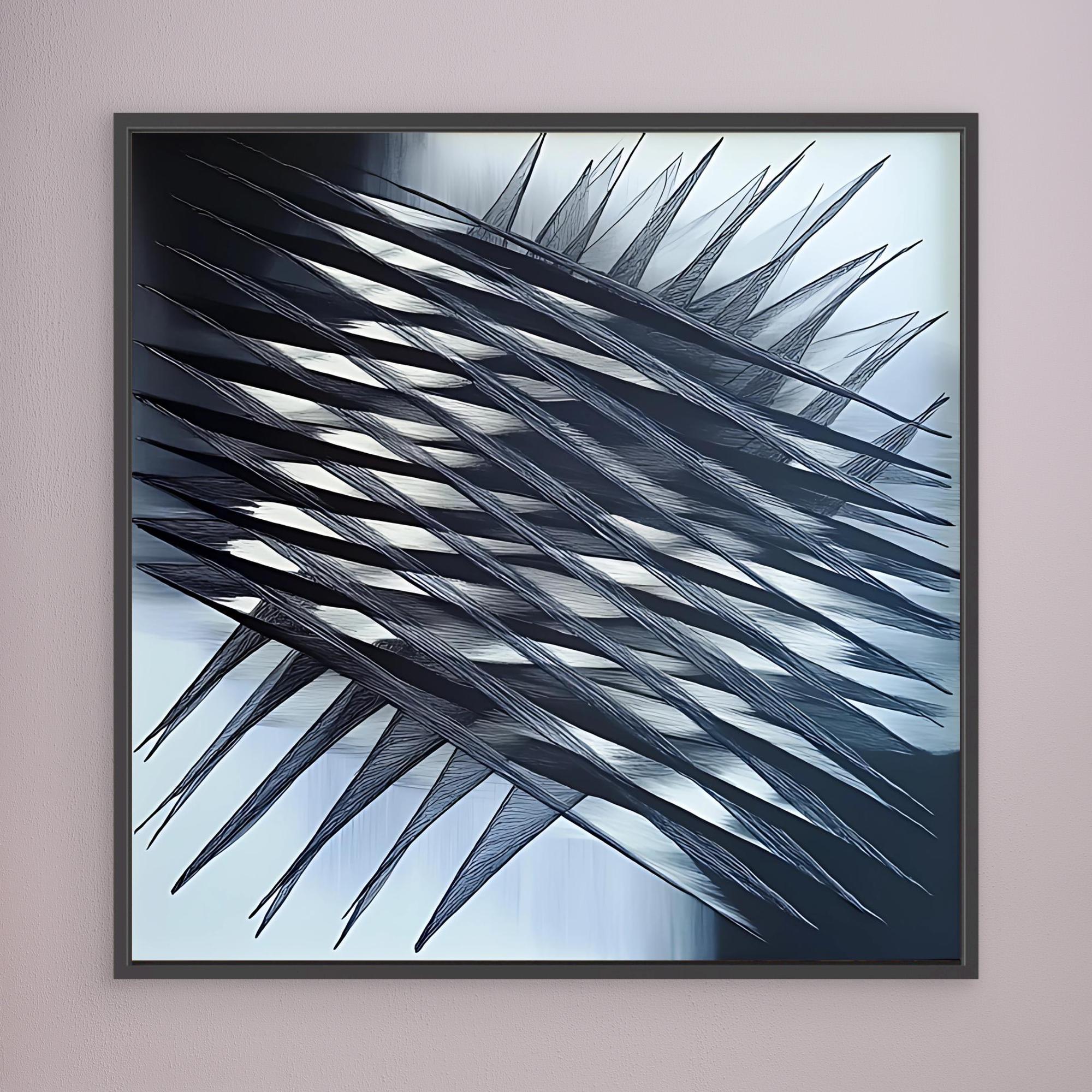 Canvas Print: "Fractured Symmetry" - Abstract Line Art Black and White modern abstract canvas wall art by Rossetti Art – luxury interior design artwork for living room, bedroom, office – Black And White Art Black and white artwork black and white canvas