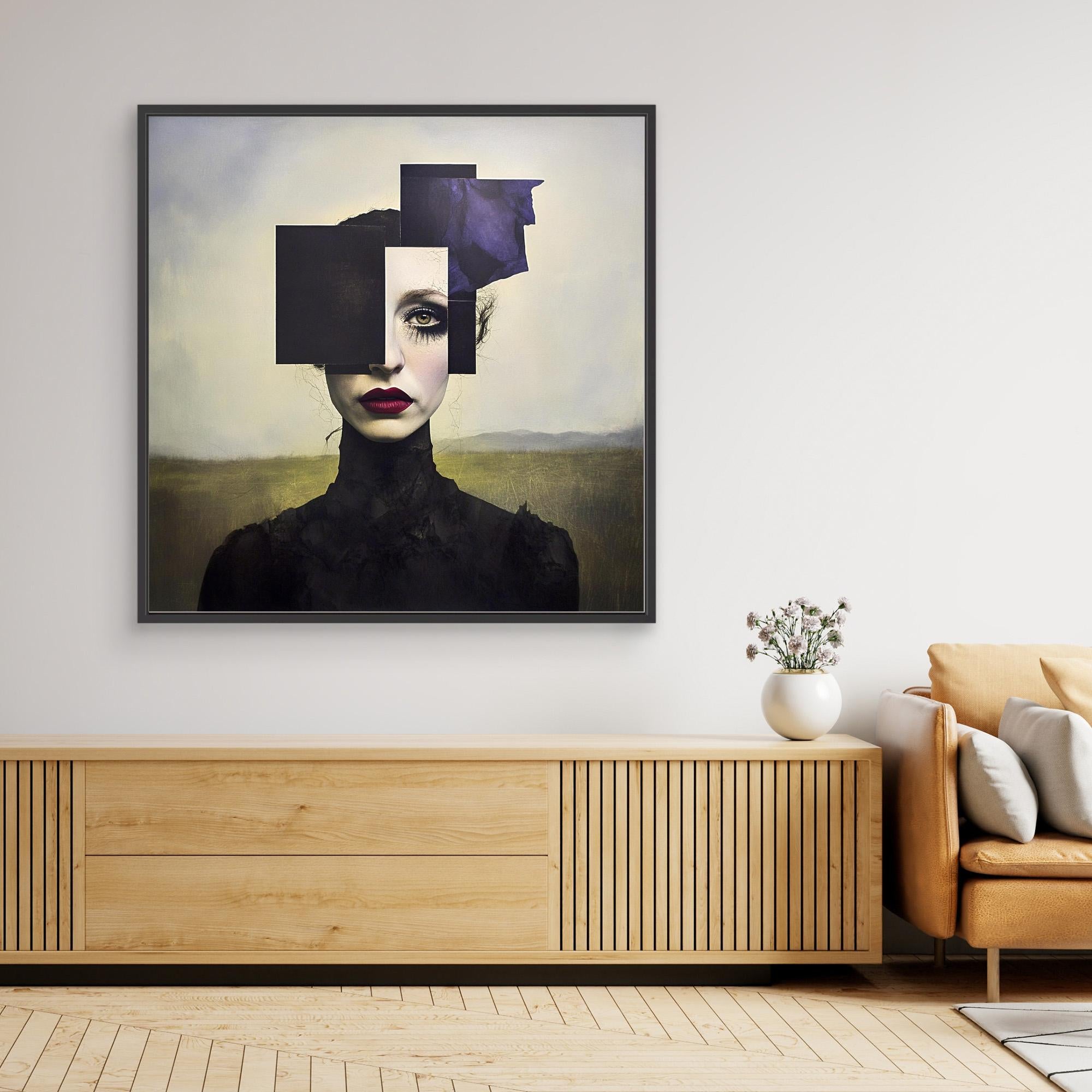 Canvas Print : Fragmented Elegance - Black and White Canvas Art with a Pop of Color modern abstract canvas wall art by Rossetti Art – luxury interior design artwork for living room, bedroom, office – abstract dark portrait wall art Abstract Paintings Canvas Art Prints