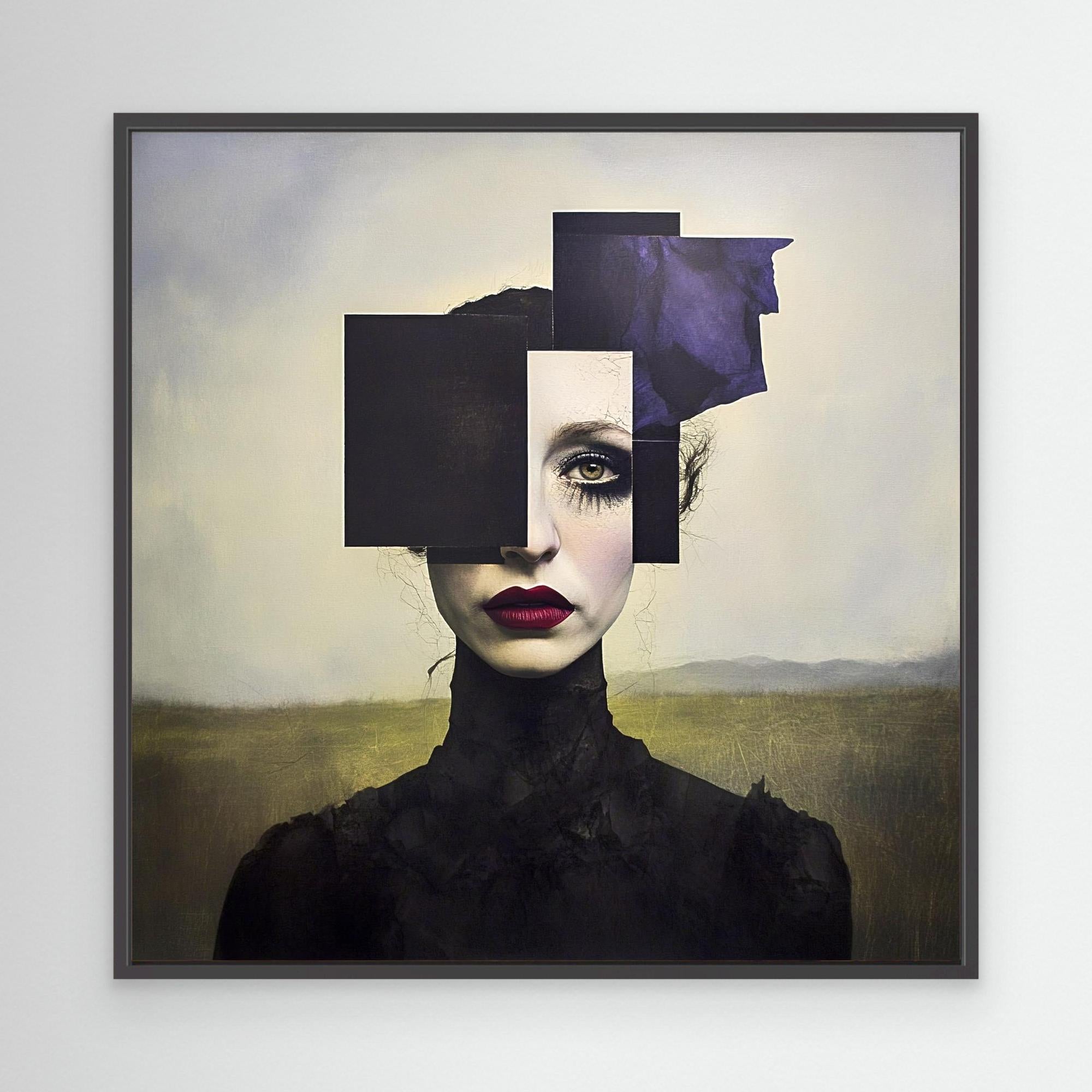 Canvas Print : Fragmented Elegance - Black and White Canvas Art with a Pop of Color modern abstract canvas wall art by Rossetti Art – luxury interior design artwork for living room, bedroom, office – abstract dark portrait wall art Abstract Paintings Canvas Art Prints