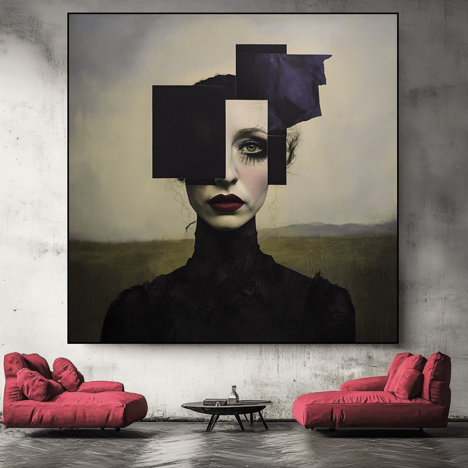 Canvas Print : Fragmented Elegance - Black and White Canvas Art with a Pop of Color modern abstract canvas wall art by Rossetti Art – luxury interior design artwork for living room, bedroom, office – abstract dark portrait wall art Abstract Paintings Canvas Art Prints