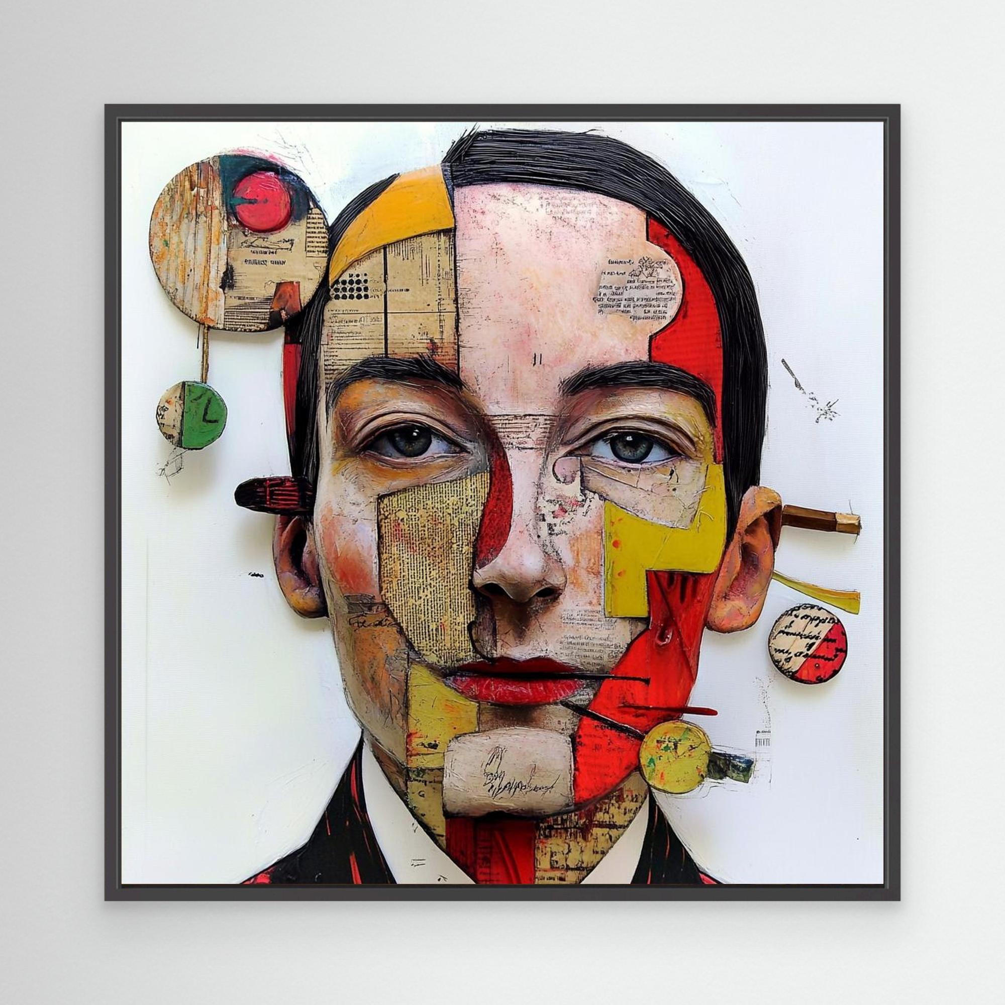 Canvas Print : Fragmented Essence - Mixed Media Surreal Portrait Art Print – Modern Abstract Wall Decor modern abstract canvas wall art by Rossetti Art – luxury interior design artwork for living room, bedroom, office – Artistic face painting Bold red artwork Colorful abstract art