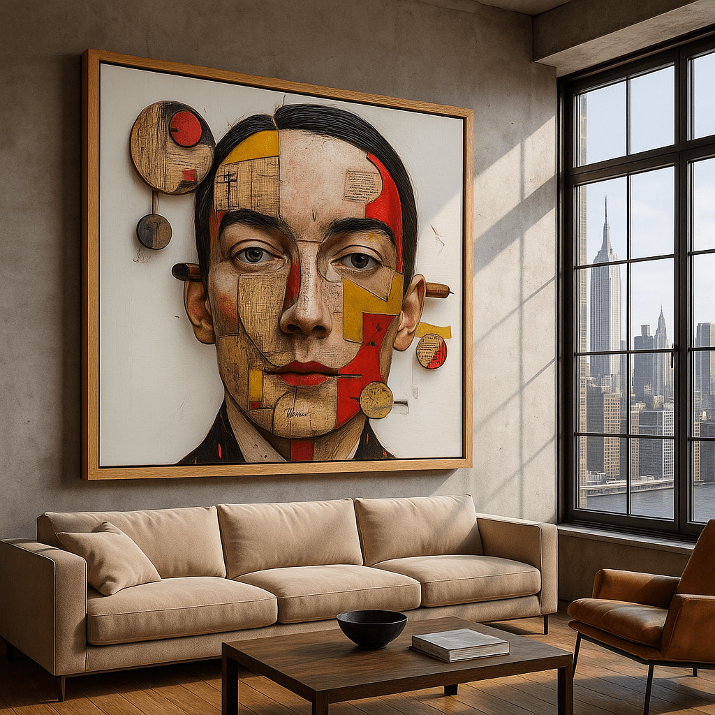 Canvas Print : Fragmented Essence - Mixed Media Surreal Portrait Art Print – Modern Abstract Wall Decor modern abstract canvas wall art by Rossetti Art – luxury interior design artwork for living room, bedroom, office – Artistic face painting Bold red artwork Colorful abstract art