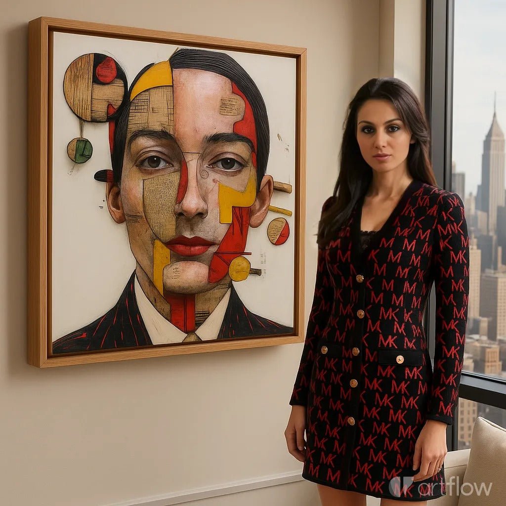 Canvas Print : Fragmented Essence - Mixed Media Surreal Portrait Art Print – Modern Abstract Wall Decor modern abstract canvas wall art by Rossetti Art – luxury interior design artwork for living room, bedroom, office – Artistic face painting Bold red artwork Colorful abstract art