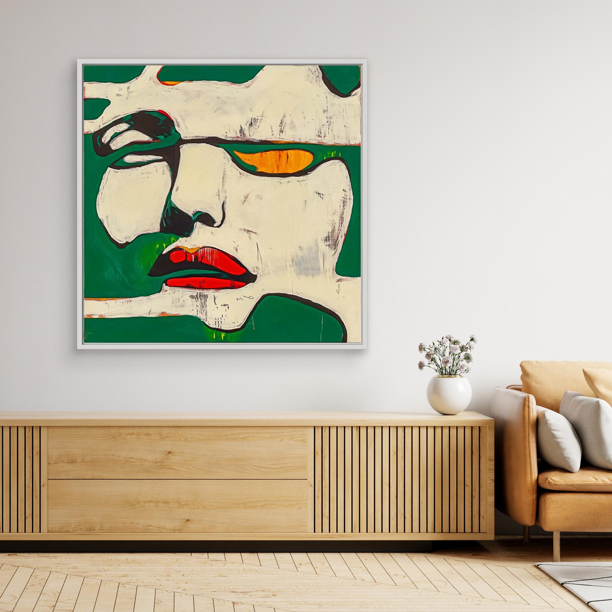 Canvas Print : Fragments of Expression - Bold Portrait Abstract modern abstract canvas wall art by Rossetti Art – luxury interior design artwork for living room, bedroom, office – Abstract Portrait Wall Art Bold Green and Red Canvas Contemporary Expressive Decor