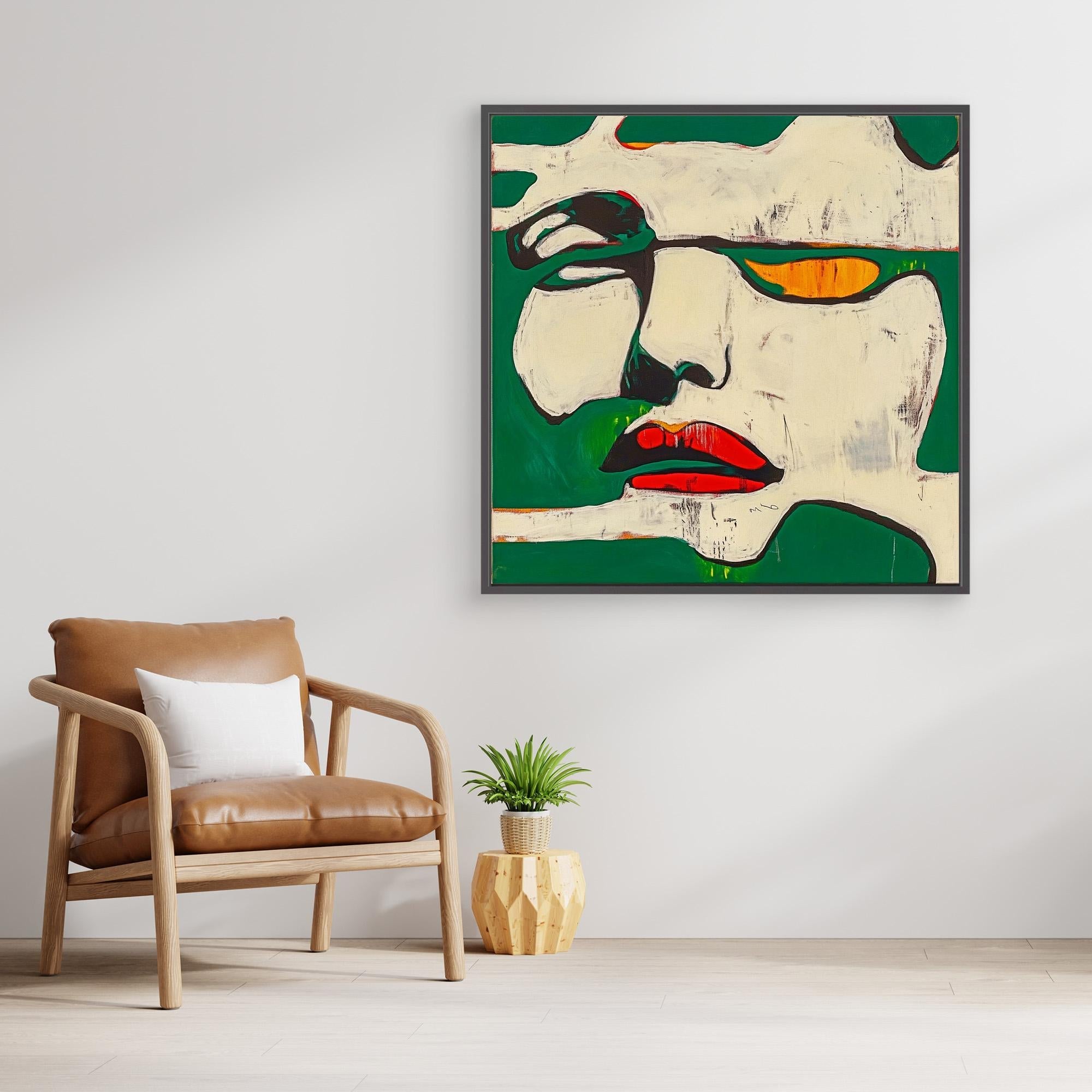 Canvas Print : Fragments of Expression - Bold Portrait Abstract modern abstract canvas wall art by Rossetti Art – luxury interior design artwork for living room, bedroom, office – Abstract Portrait Wall Art Bold Green and Red Canvas Contemporary Expressive Decor