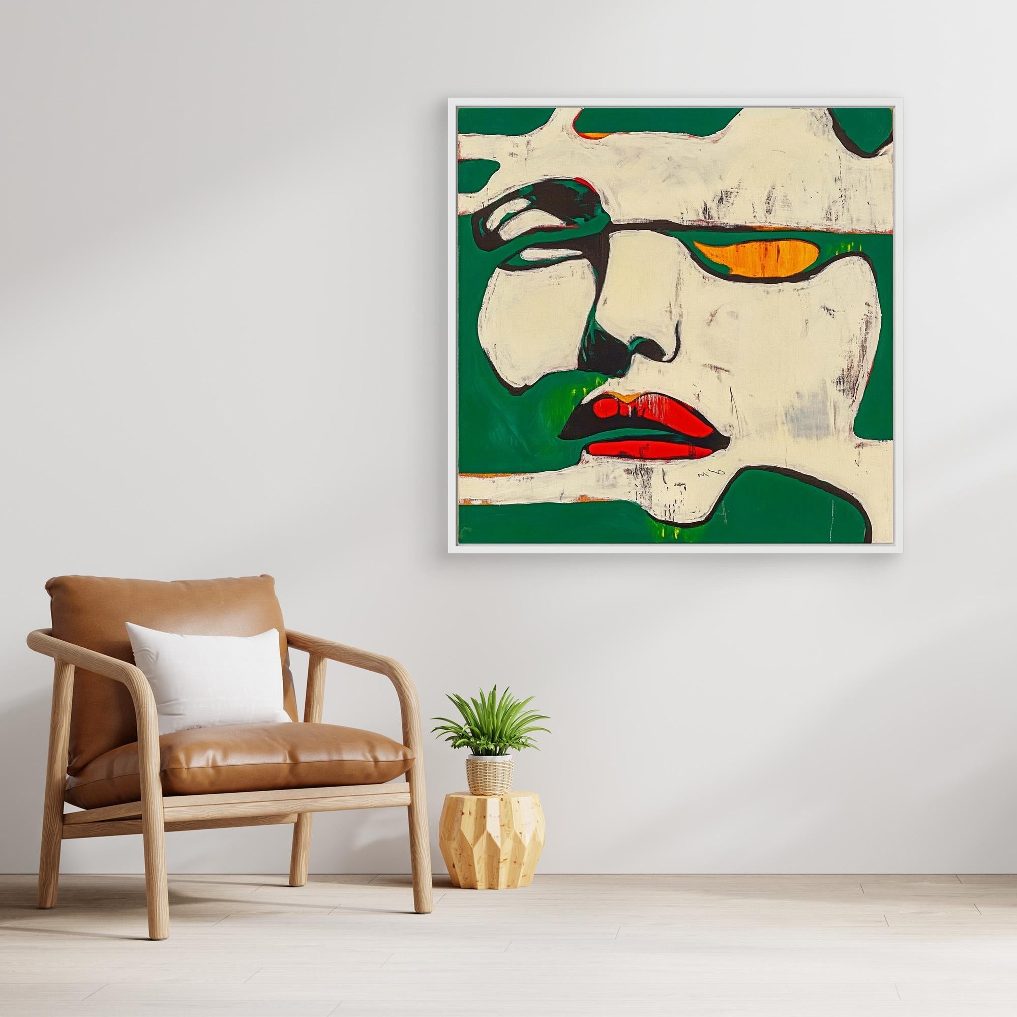 Canvas Print : Fragments of Expression - Bold Portrait Abstract modern abstract canvas wall art by Rossetti Art – luxury interior design artwork for living room, bedroom, office – Abstract Portrait Wall Art Bold Green and Red Canvas Contemporary Expressive Decor
