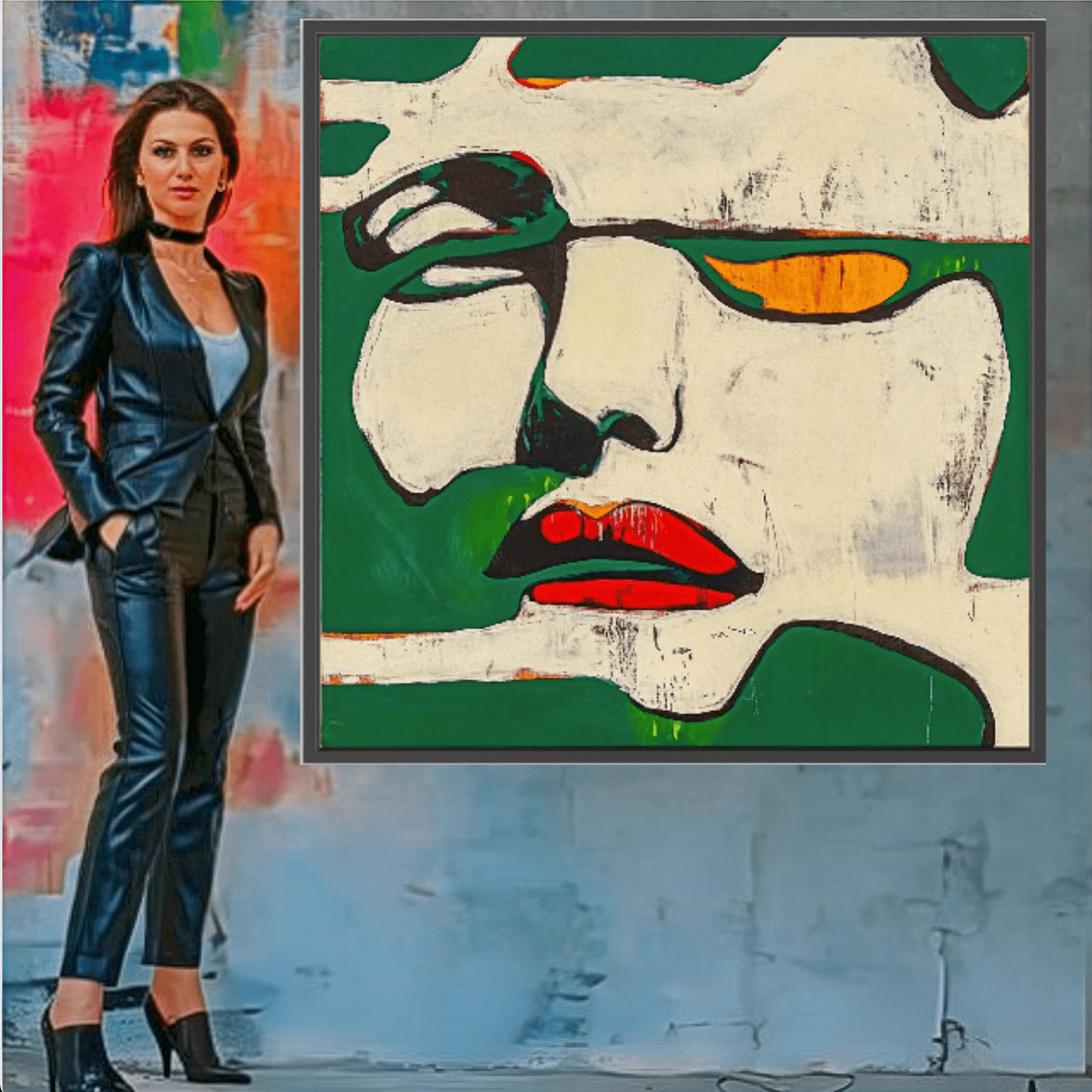 Canvas Print : Fragments of Expression - Bold Portrait Abstract modern abstract canvas wall art by Rossetti Art – luxury interior design artwork for living room, bedroom, office – Abstract Portrait Wall Art Bold Green and Red Canvas Contemporary Expressive Decor