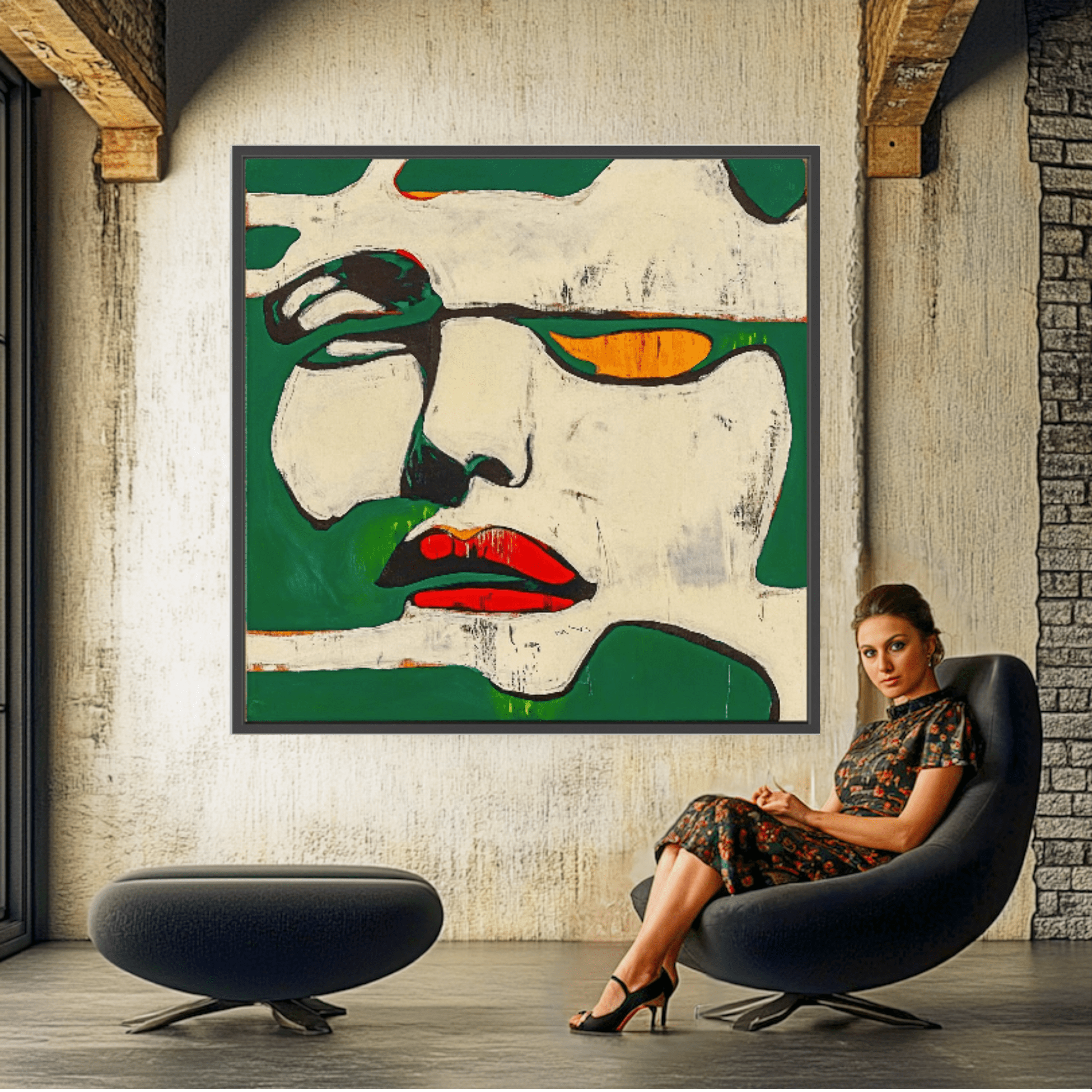 Canvas Print : Fragments of Expression - Bold Portrait Abstract modern abstract canvas wall art by Rossetti Art – luxury interior design artwork for living room, bedroom, office – Abstract Portrait Wall Art Bold Green and Red Canvas Contemporary Expressive Decor