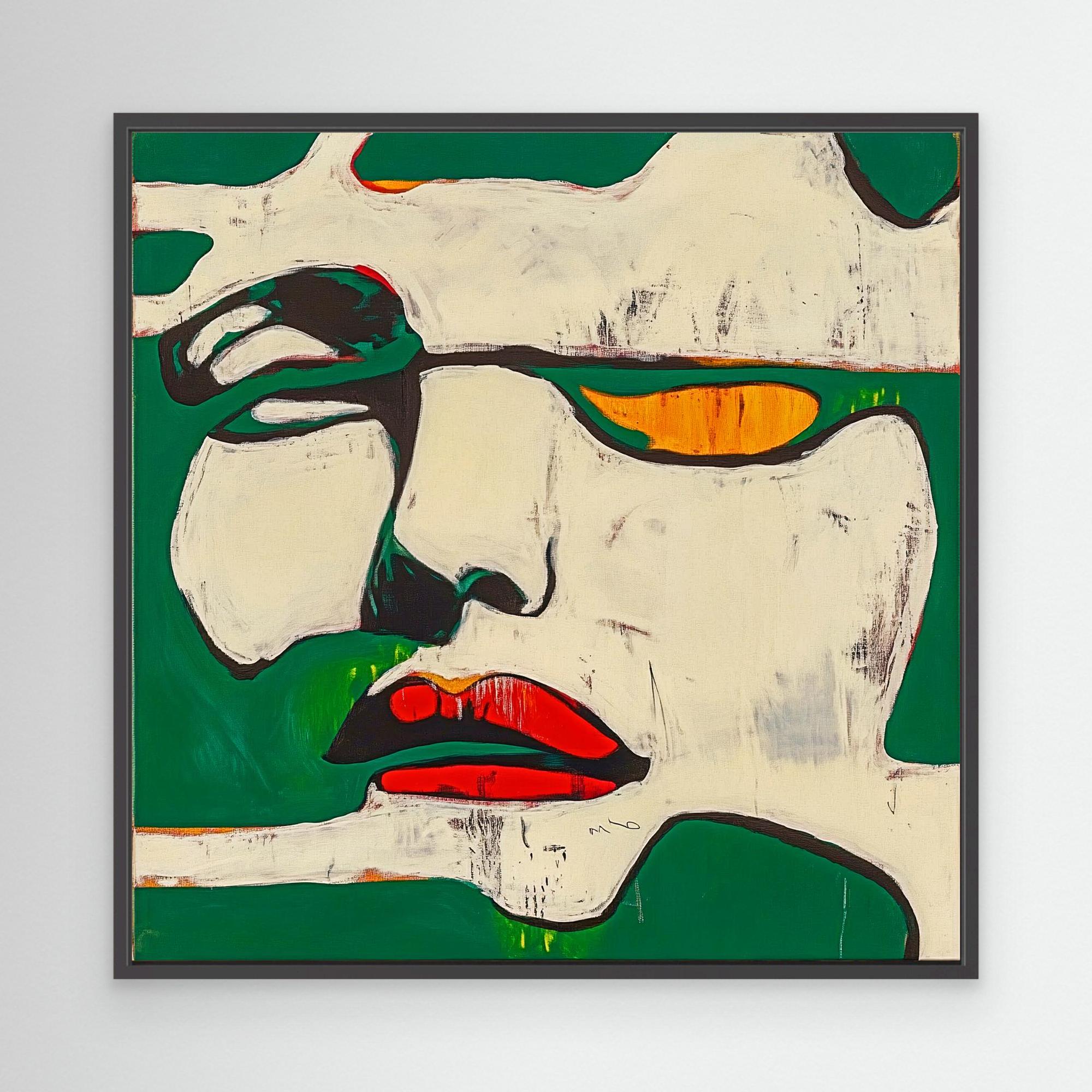 Canvas Print : Fragments of Expression - Bold Portrait Abstract modern abstract canvas wall art by Rossetti Art – luxury interior design artwork for living room, bedroom, office – Abstract Portrait Wall Art Bold Green and Red Canvas Contemporary Expressive Decor