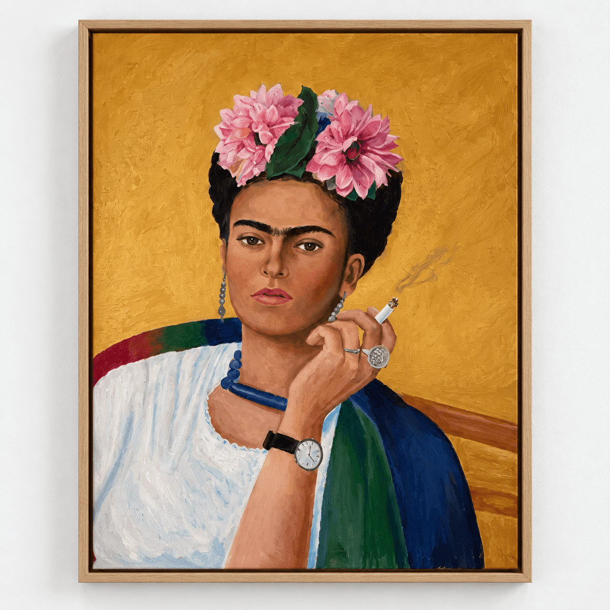 Frida Kahlo Wall Art – Frida by Rossetti Art, portrait with pink dahlias on a golden background
