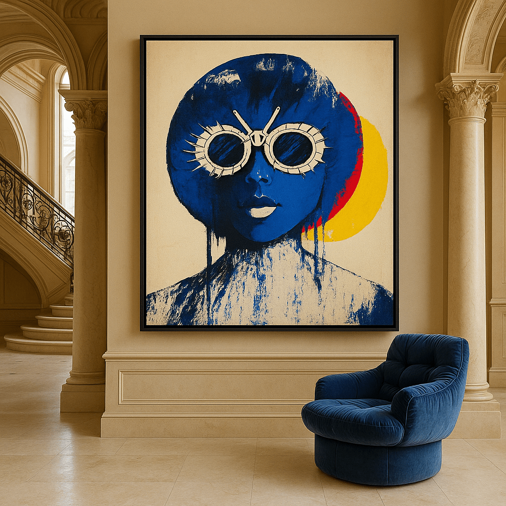Canvas Print: Futuristic Blue Woman Portrait - Bold Abstract Wall Art modern abstract canvas wall art by Rossetti Art – luxury interior design artwork for living room, bedroom, office – Bold and Dynamic Artistic Home Accent Colorful Statement Wall Art Contemporary Grid Art