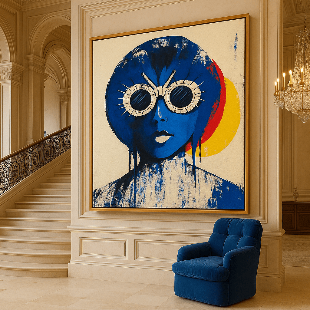 Canvas Print: Futuristic Blue Woman Portrait - Bold Abstract Wall Art modern abstract canvas wall art by Rossetti Art – luxury interior design artwork for living room, bedroom, office – Bold and Dynamic Artistic Home Accent Colorful Statement Wall Art Contemporary Grid Art