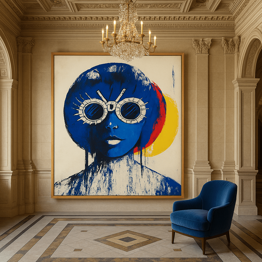 Canvas Print: Futuristic Blue Woman Portrait - Bold Abstract Wall Art modern abstract canvas wall art by Rossetti Art – luxury interior design artwork for living room, bedroom, office – Bold and Dynamic Artistic Home Accent Colorful Statement Wall Art Contemporary Grid Art