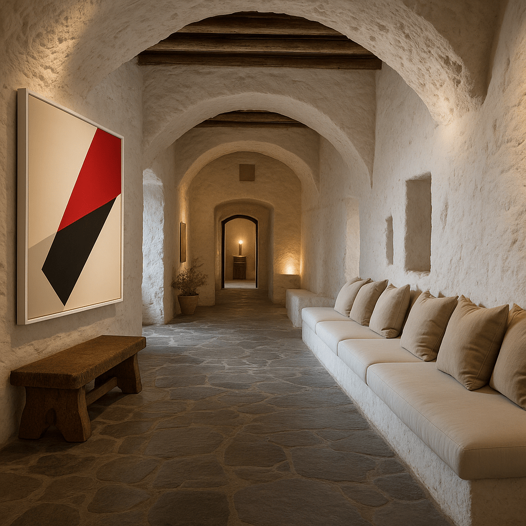 Canvas Print: Geometric Ascent – Red, Black & Beige Modern Art modern abstract canvas wall art by Rossetti Art – luxury interior design artwork for living room, bedroom, office – Bold and Dynamic Artistic Home Accent Colorful Statement Wall Art Contemporary Grid Art