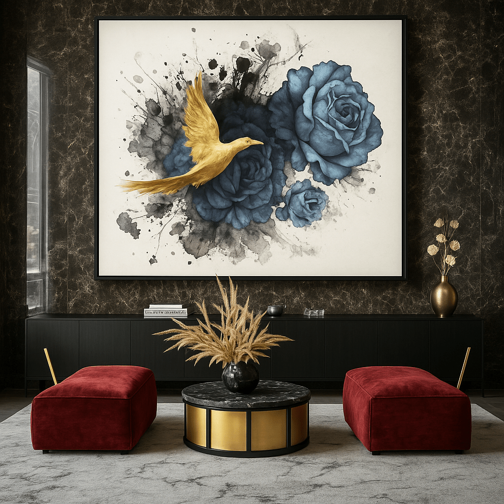 Canvas Print: Golden Bird & Blue Roses – Modern Floral Wall Art modern abstract canvas wall art by Rossetti Art – luxury interior design artwork for living room, bedroom, office – Contemporary Art for Sale contemporary art piece Contemporary art print
