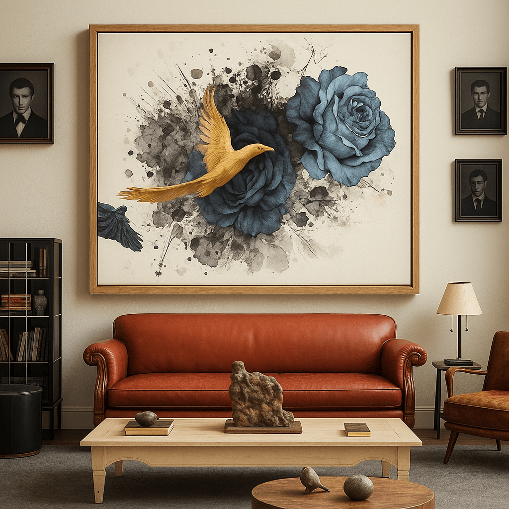 Canvas Print: Golden Bird & Blue Roses – Modern Floral Wall Art modern abstract canvas wall art by Rossetti Art – luxury interior design artwork for living room, bedroom, office – Contemporary Art for Sale contemporary art piece Contemporary art print