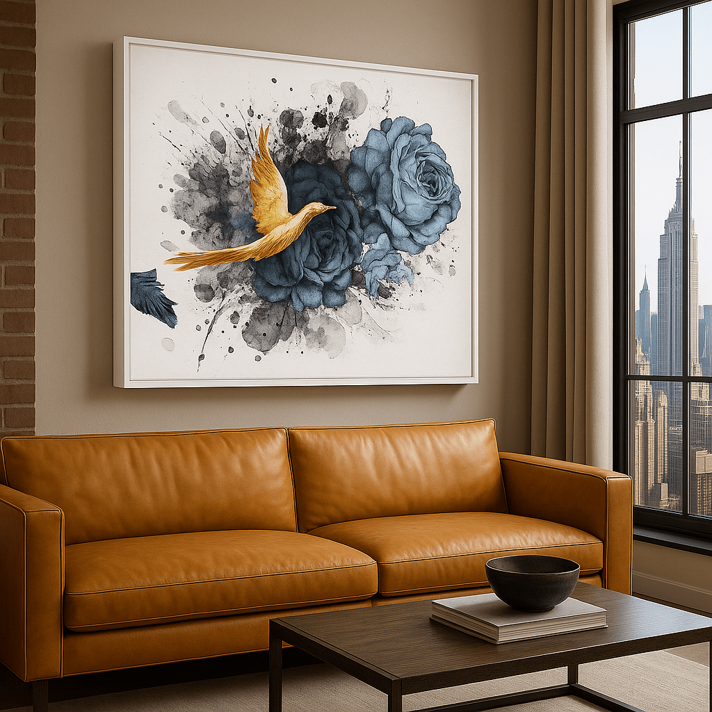 Canvas Print: Golden Bird & Blue Roses – Modern Floral Wall Art modern abstract canvas wall art by Rossetti Art – luxury interior design artwork for living room, bedroom, office – Contemporary Art for Sale contemporary art piece Contemporary art print